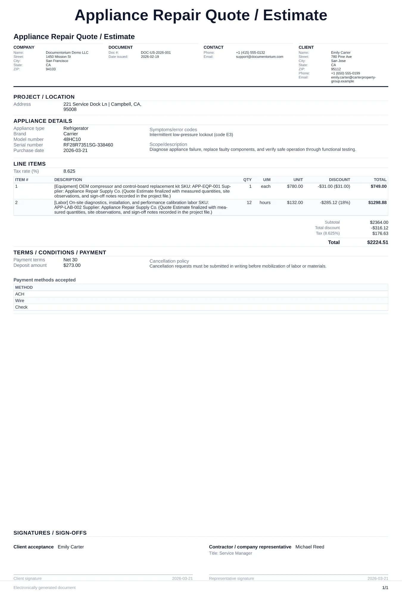 Appliance Repair Quote / Estimate