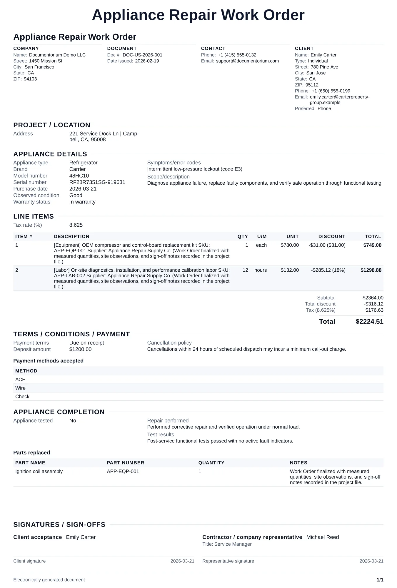 Preview of Appliance Repair Work Order