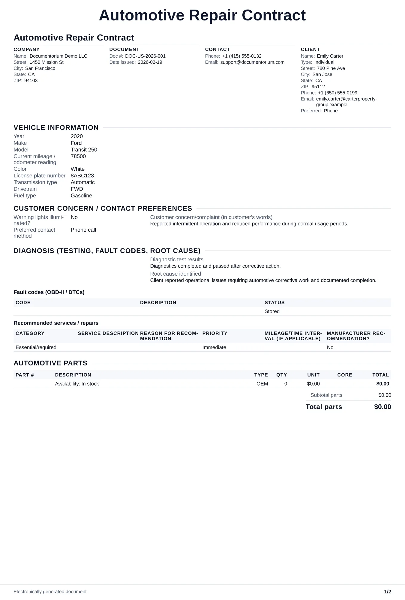 Preview of Automotive Repair Contract