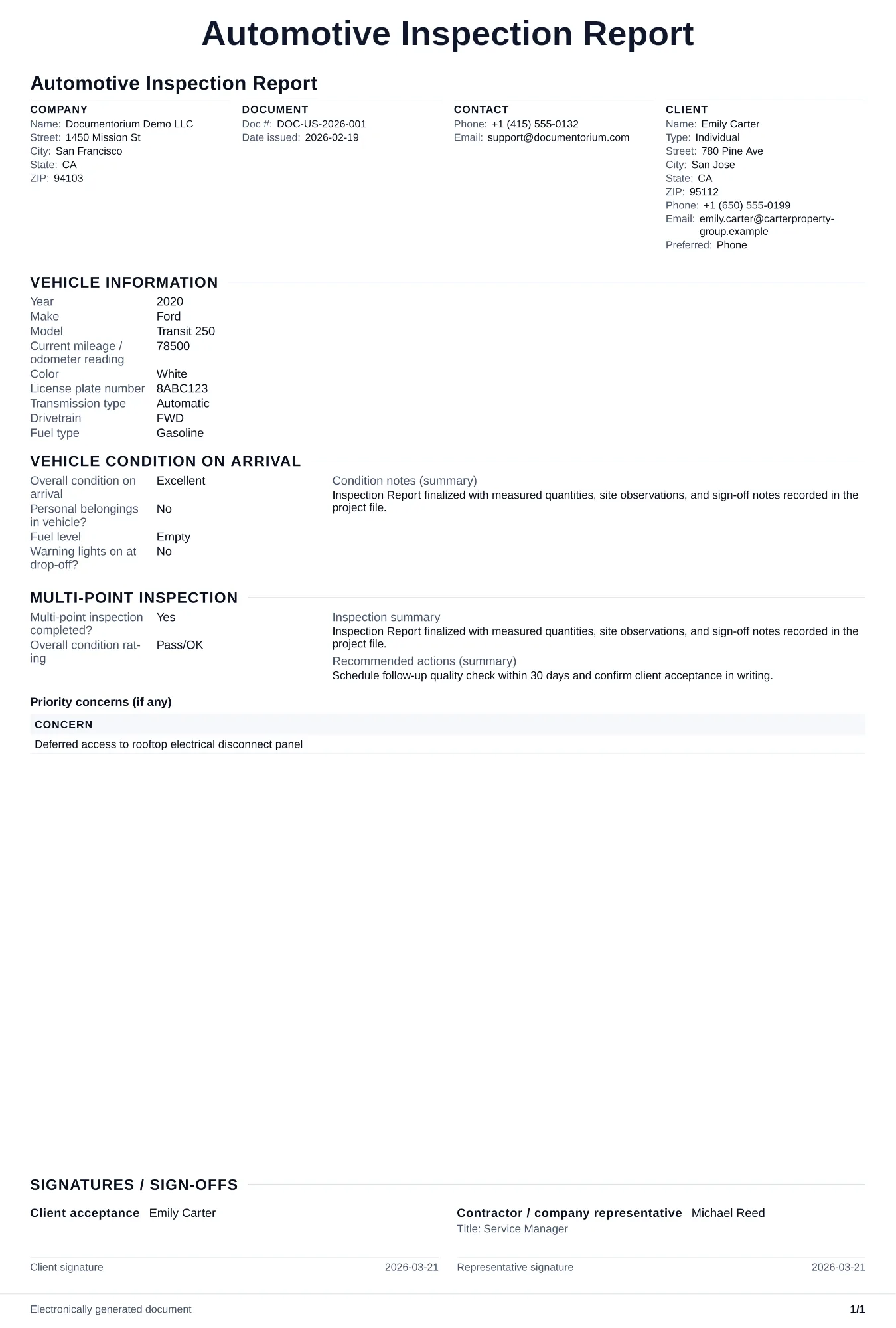Preview of Automotive Inspection Report