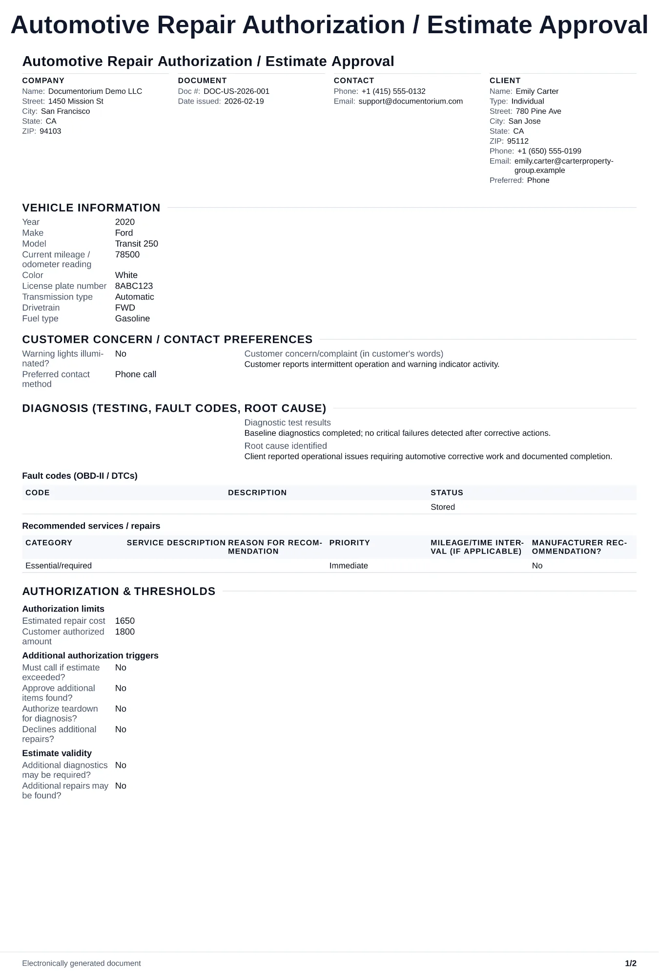 Preview of Automotive Repair Authorization / Estimate Approval
