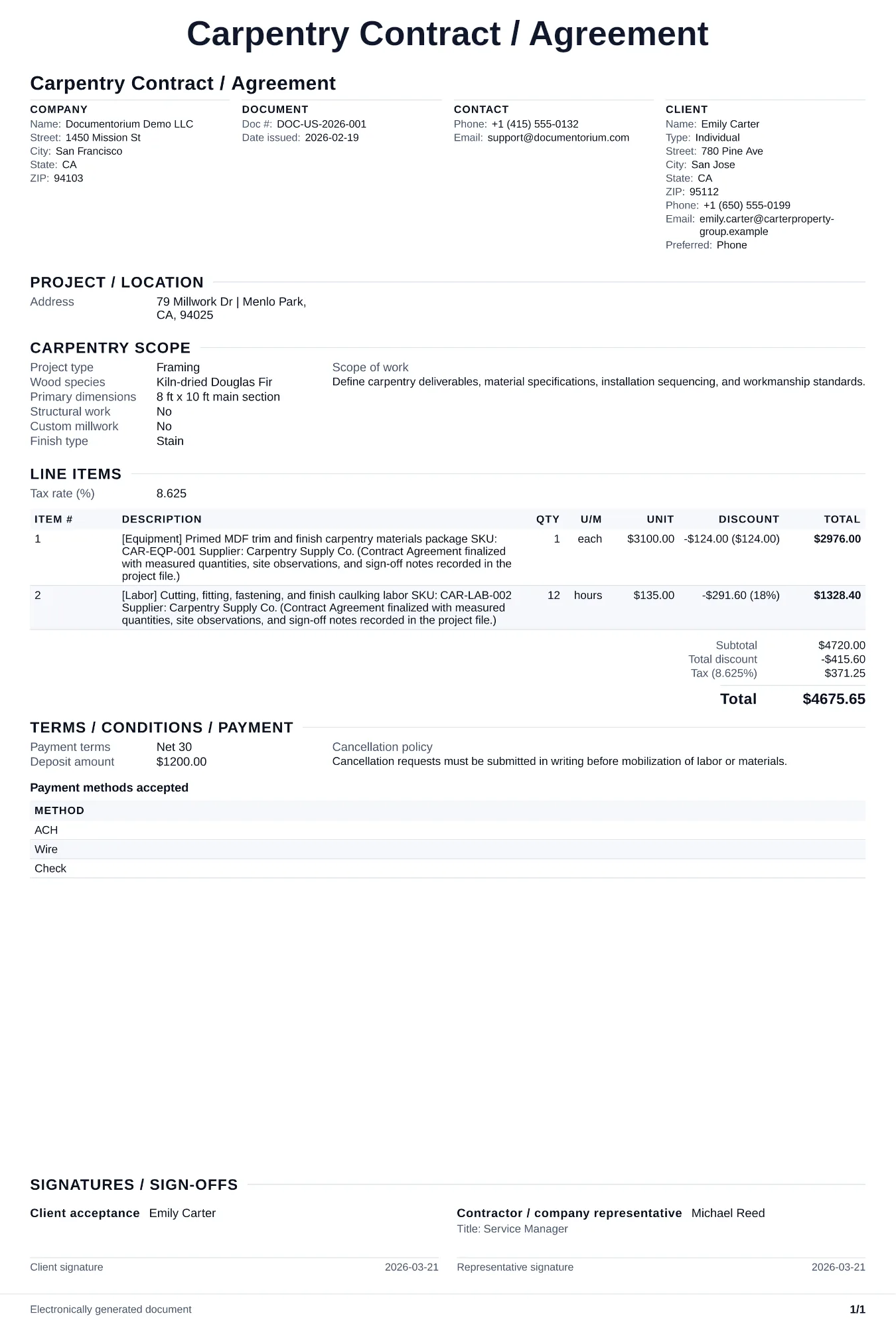 Preview of Carpentry Contract / Agreement