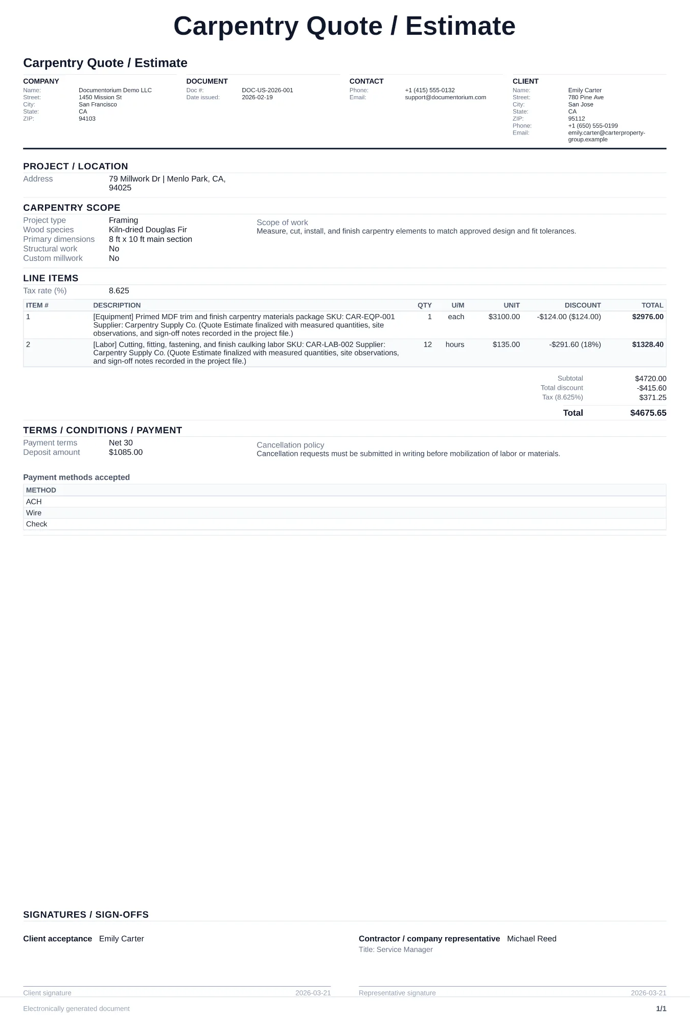 Carpentry Quote / Estimate