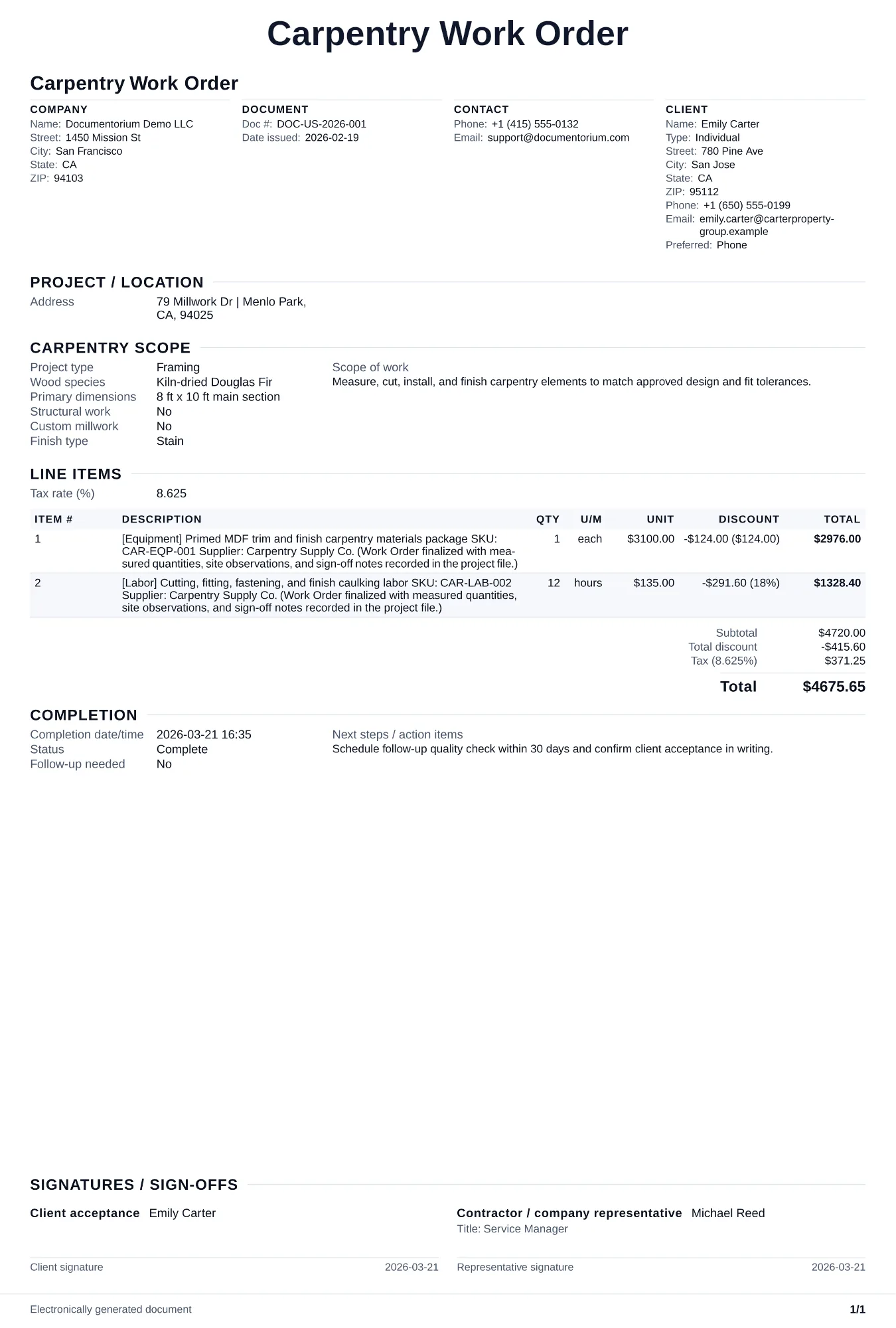Preview of Carpentry Work Order