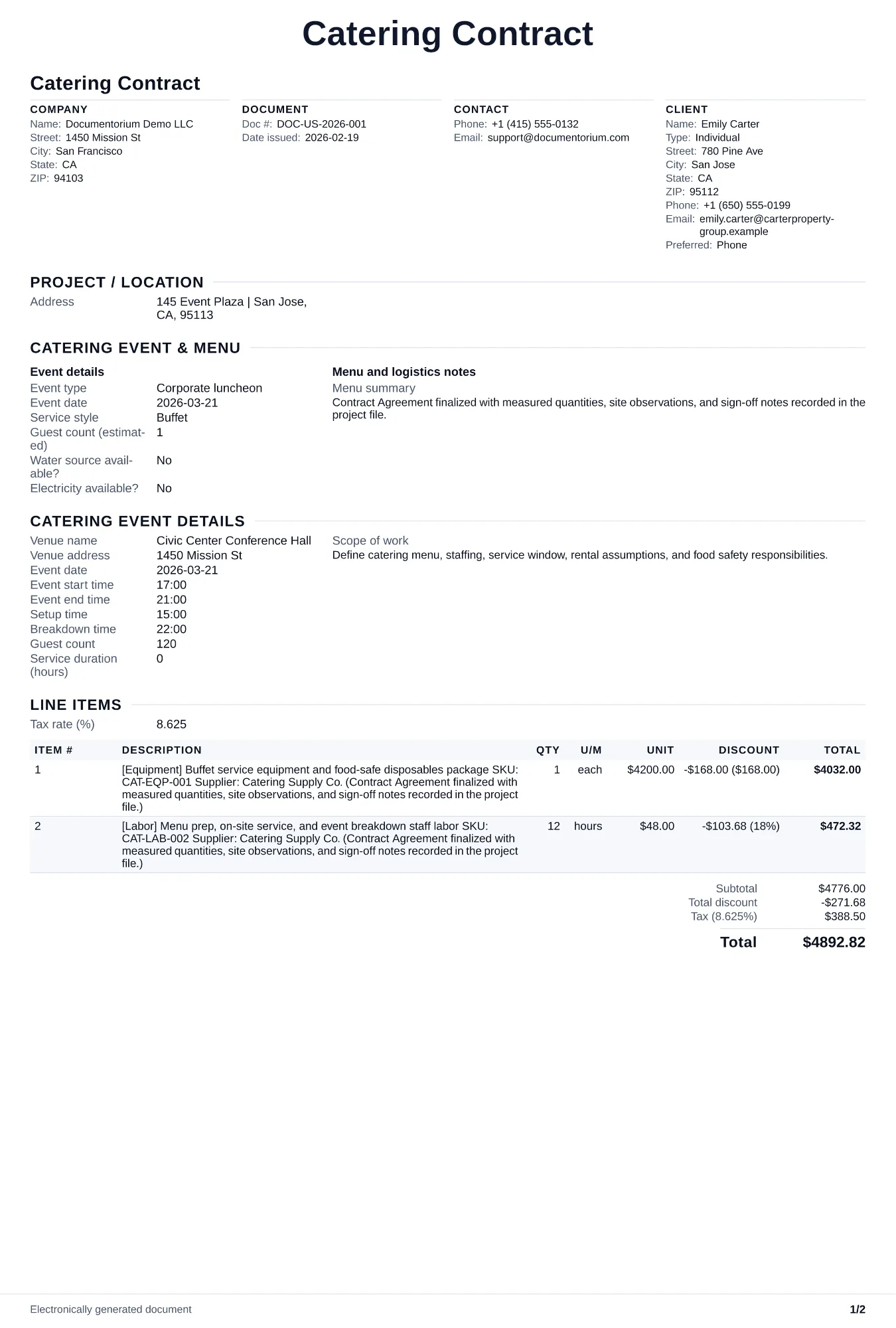 Preview of Catering Contract