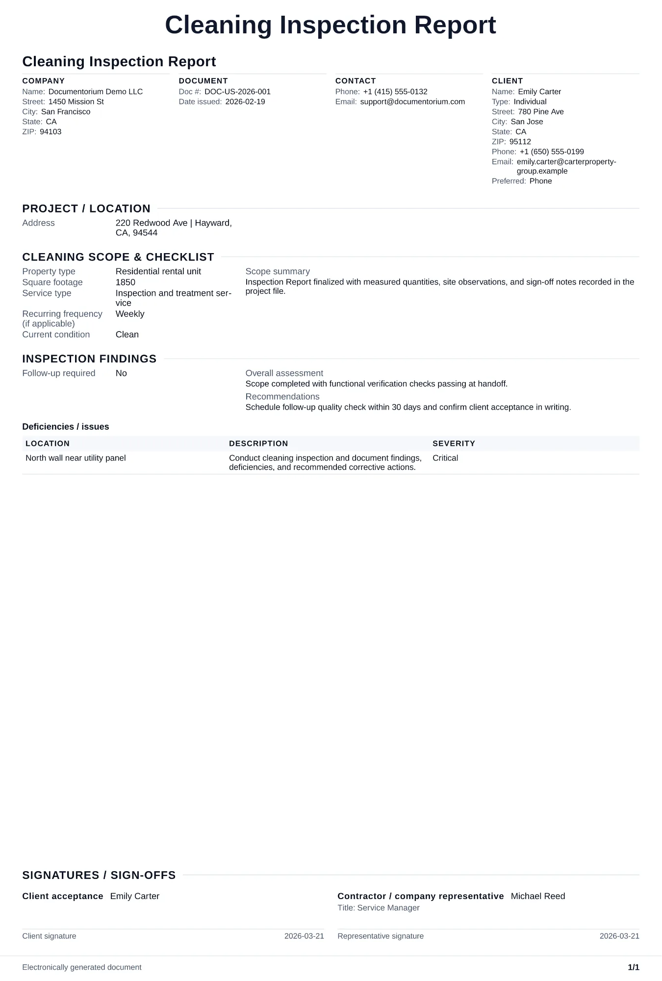 Preview of Cleaning Inspection Report