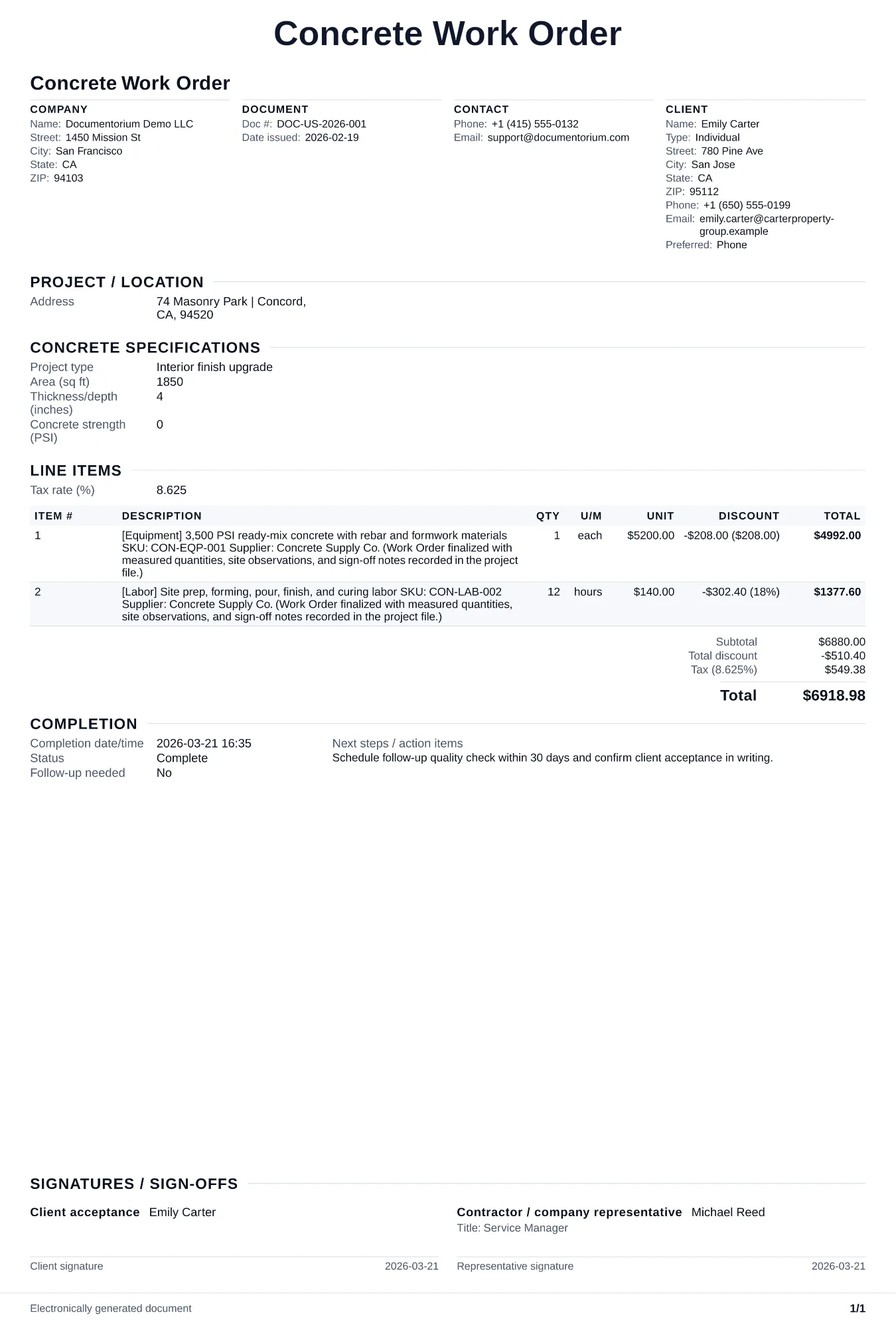 Preview of Concrete Work Order