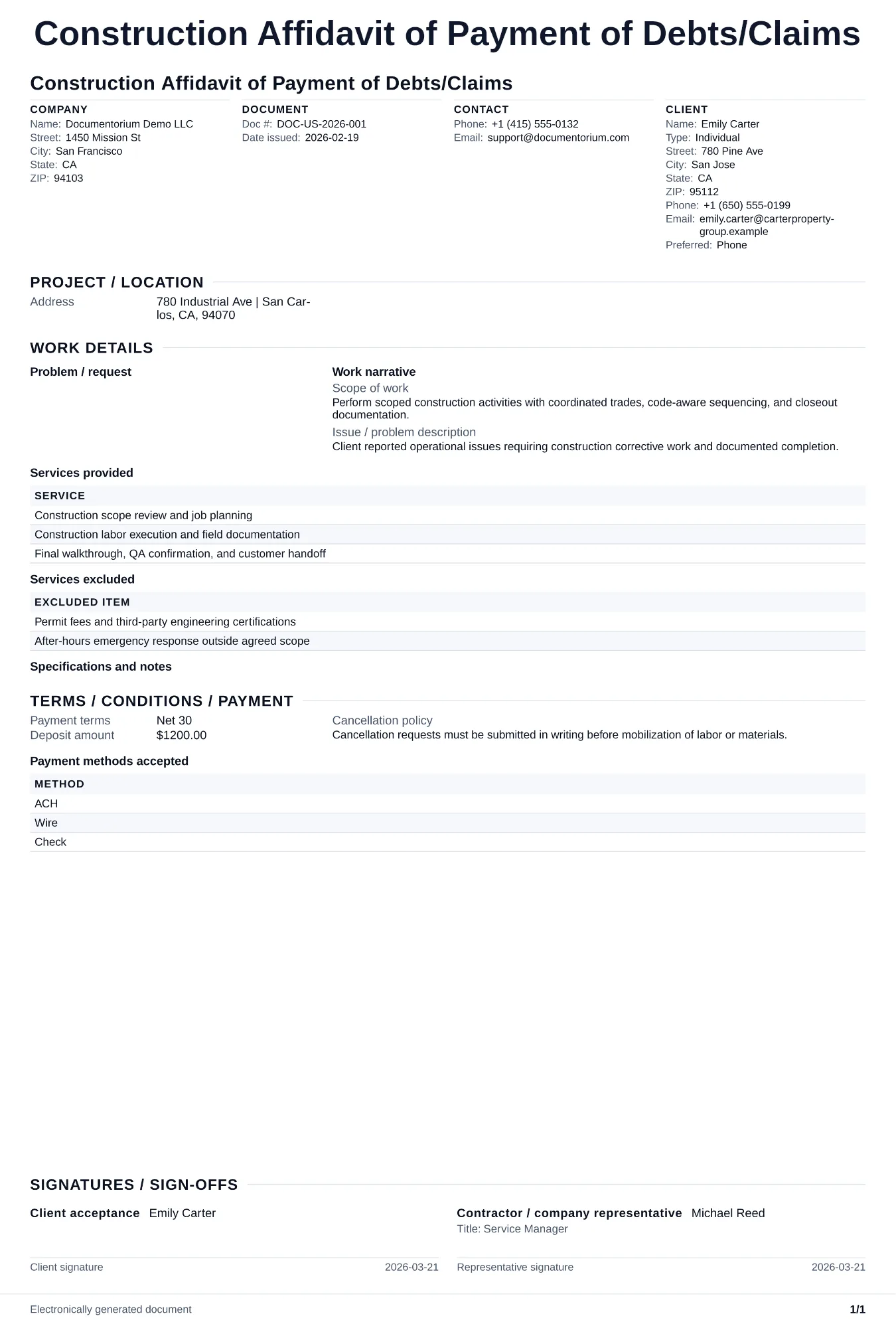 Preview of Construction Affidavit of Payment of Debts/Claims
