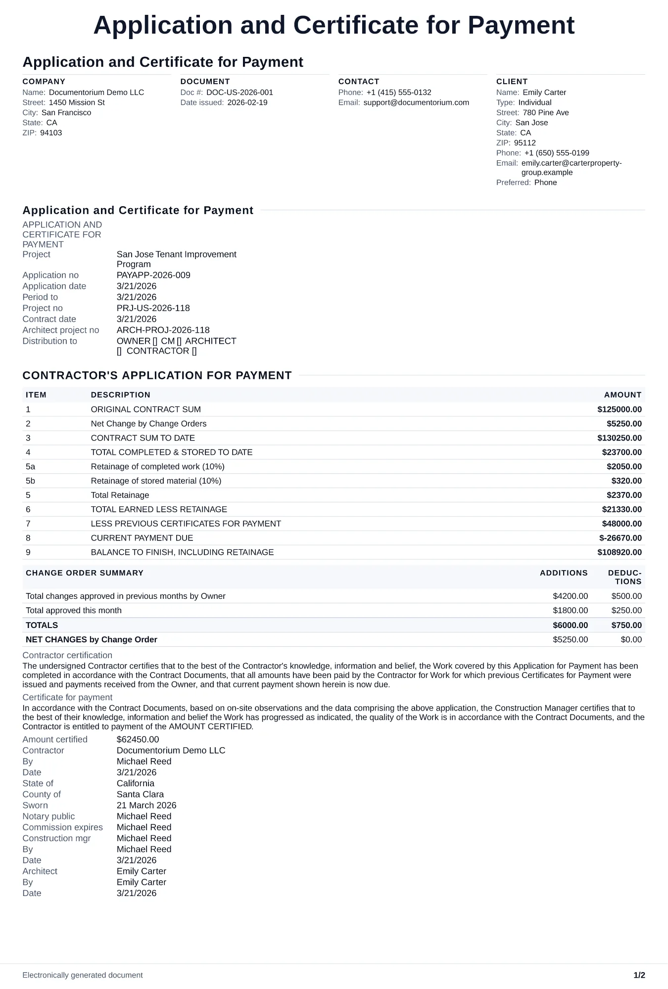 Preview of Application and Certificate for Payment