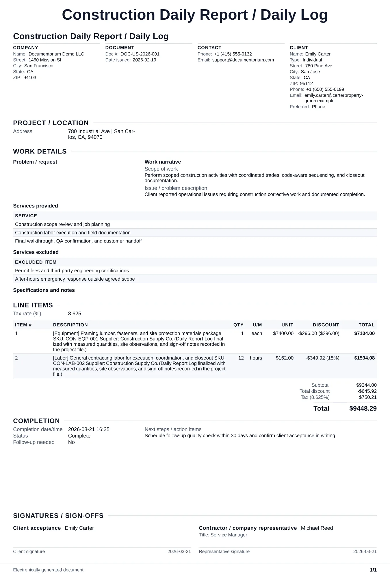 Preview of Construction Daily Report / Daily Log