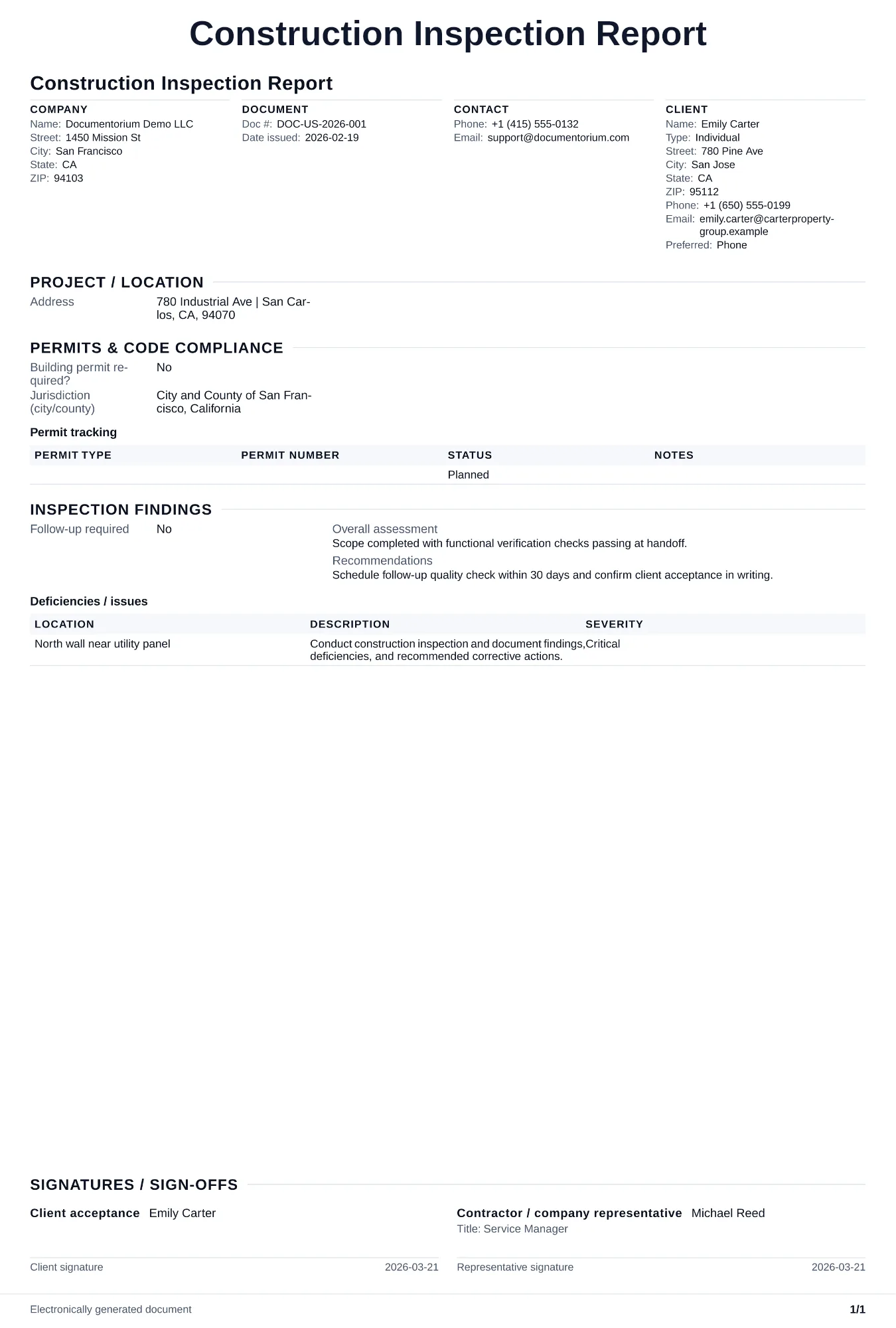 Preview of Construction Inspection Report