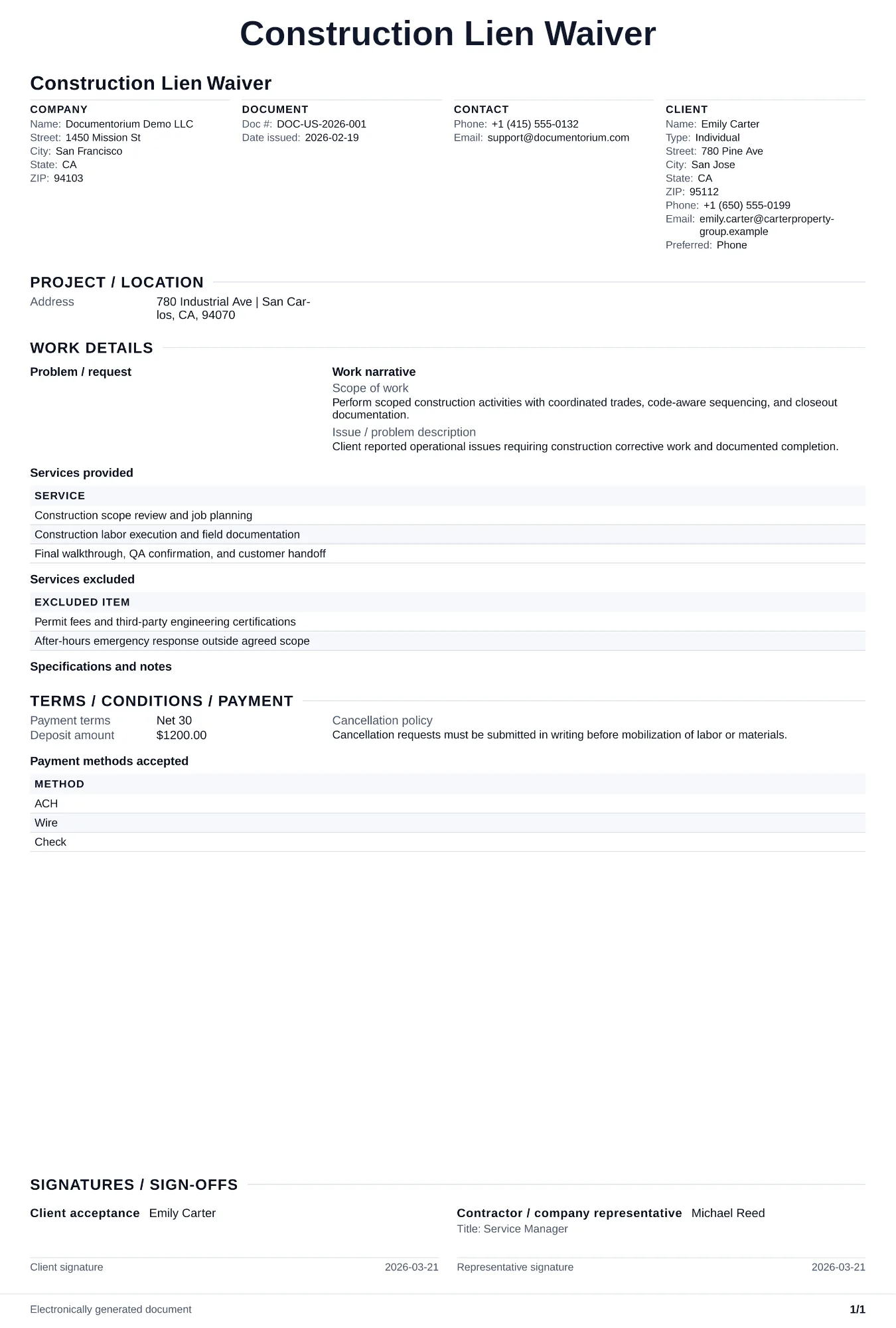 Preview of Construction Lien Waiver