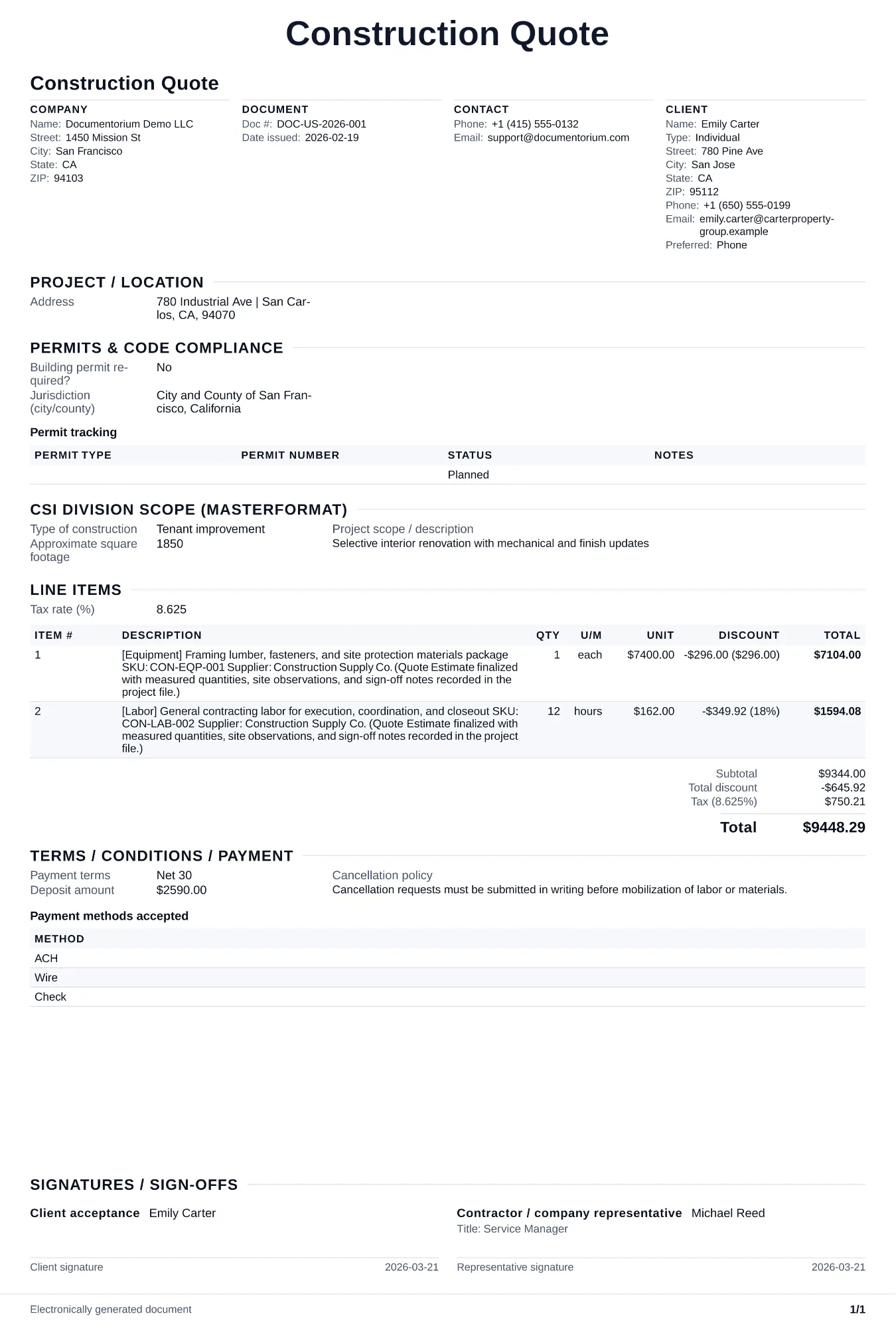 Preview of Construction Quote