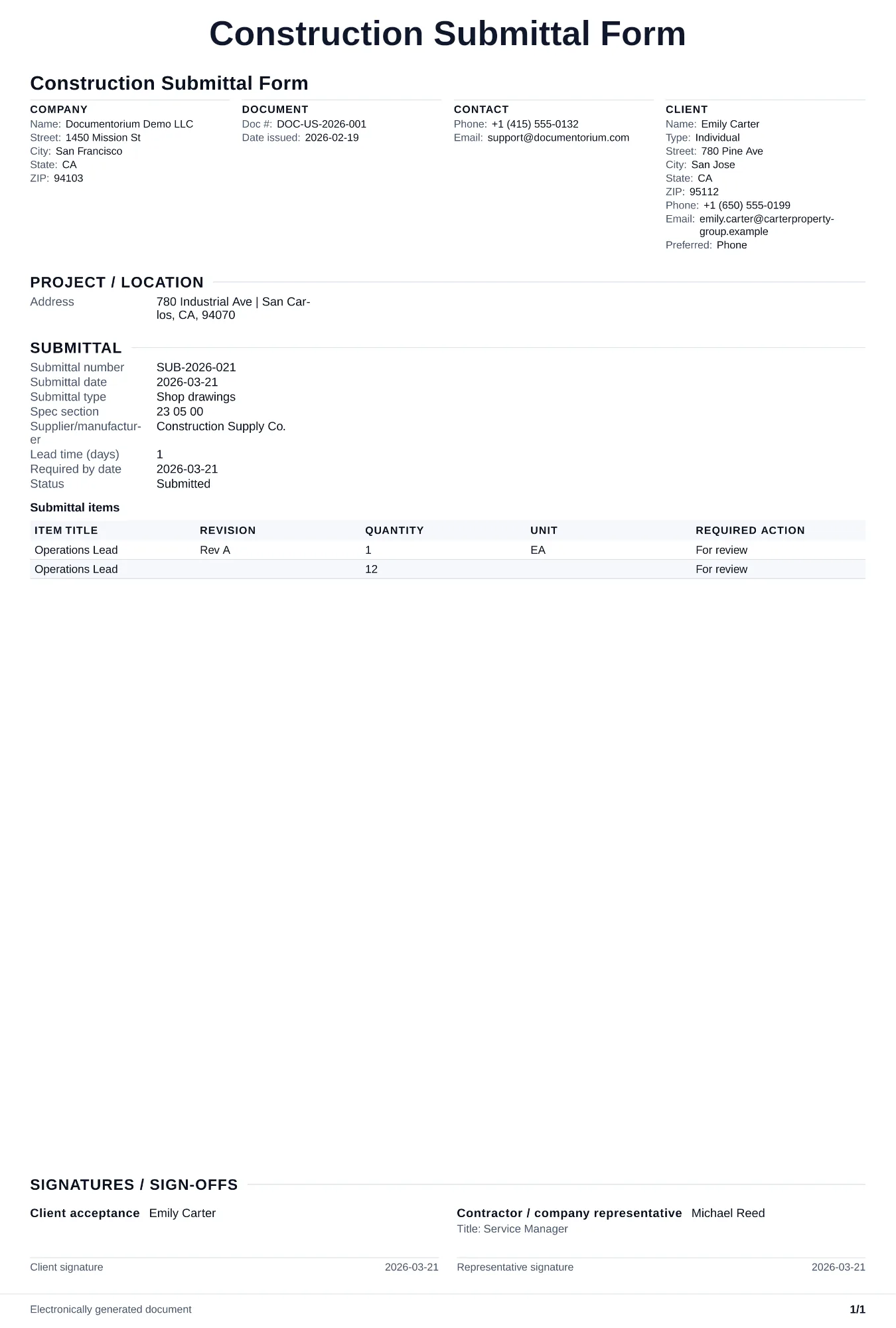 Preview of Construction Submittal Form