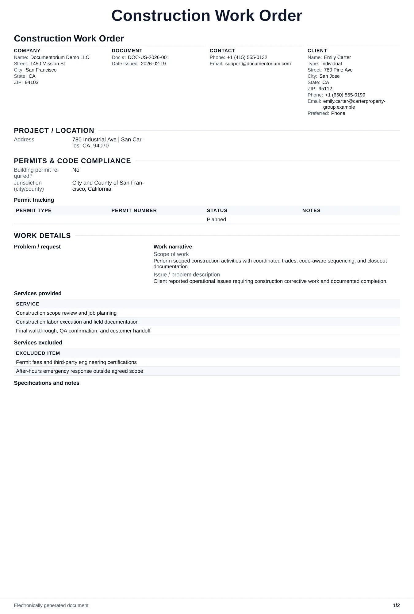Preview of Construction Work Order