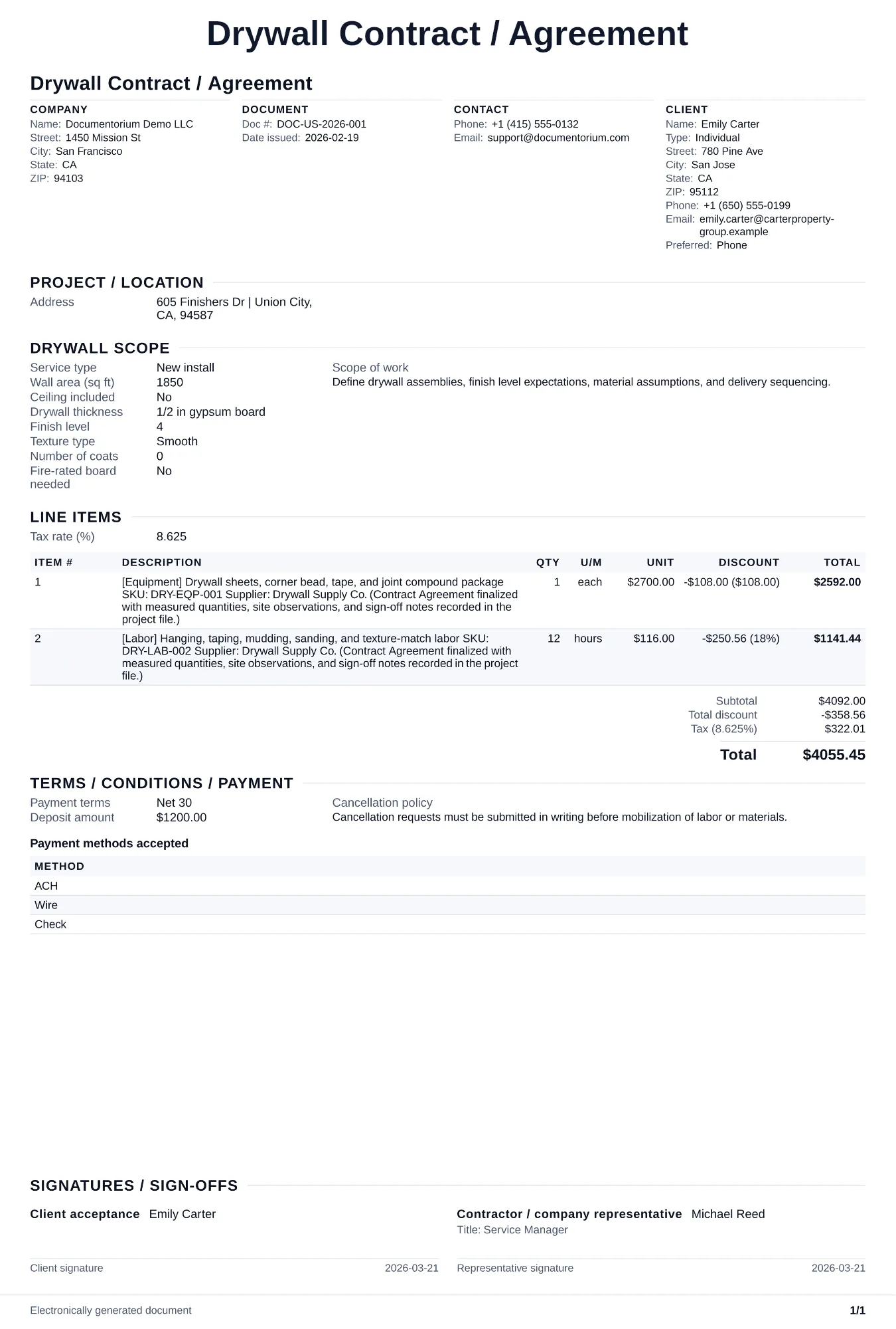 Preview of Drywall Contract / Agreement