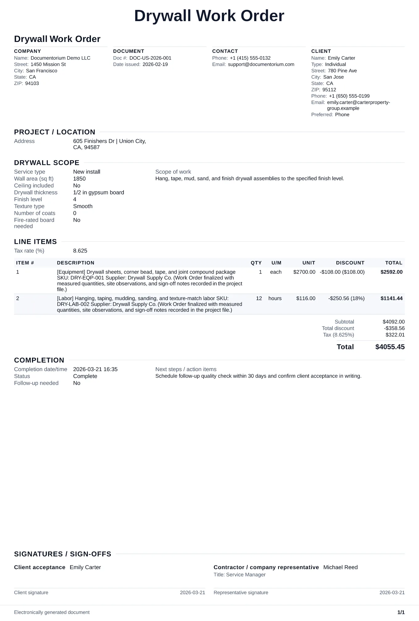 Preview of Drywall Work Order