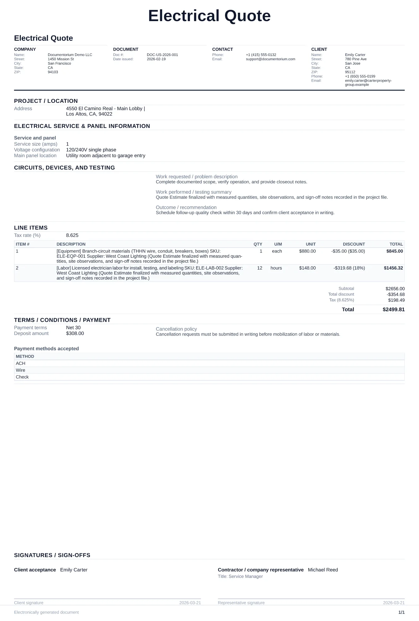 Electrical Quote / Estimate