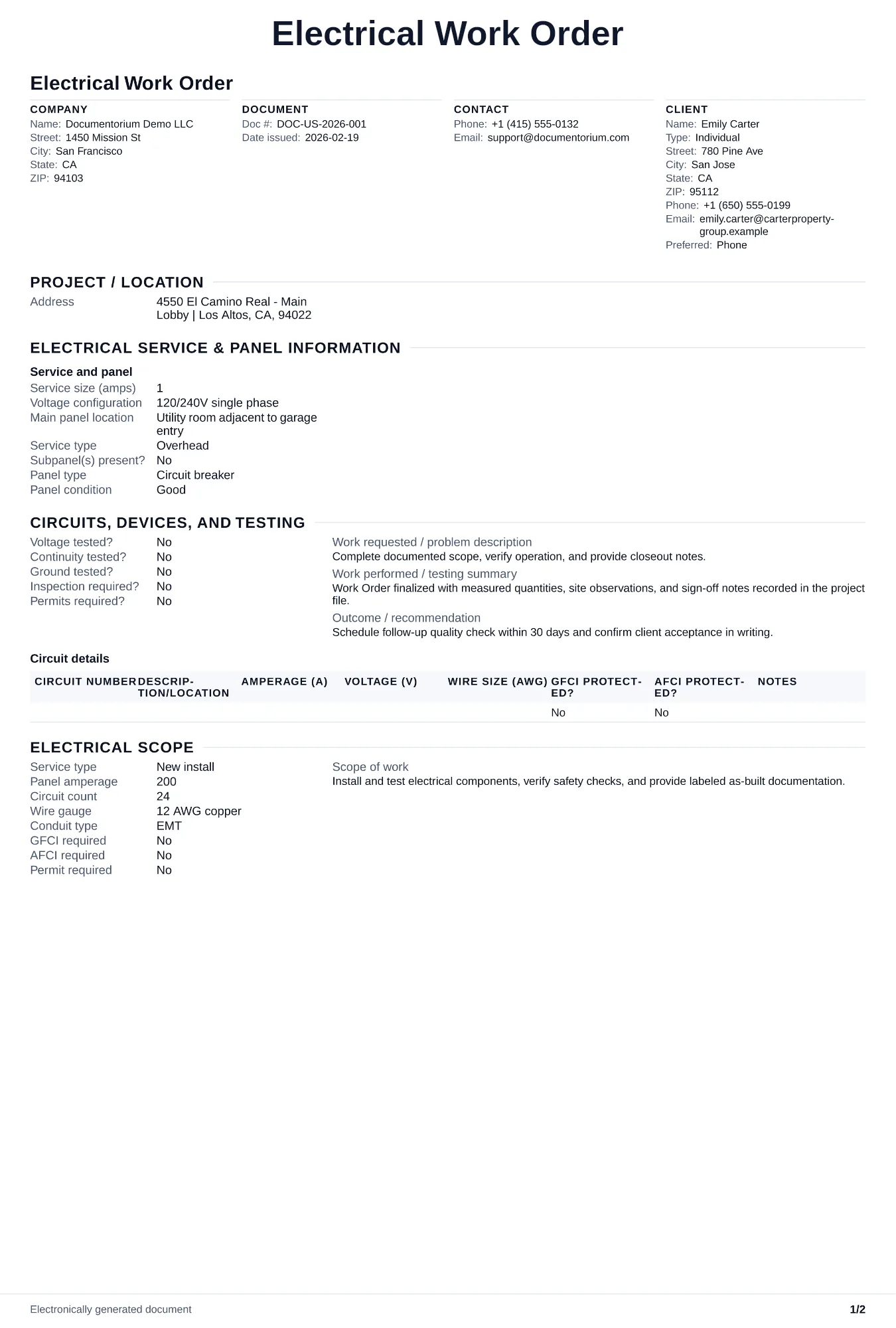Preview of Electrical Work Order