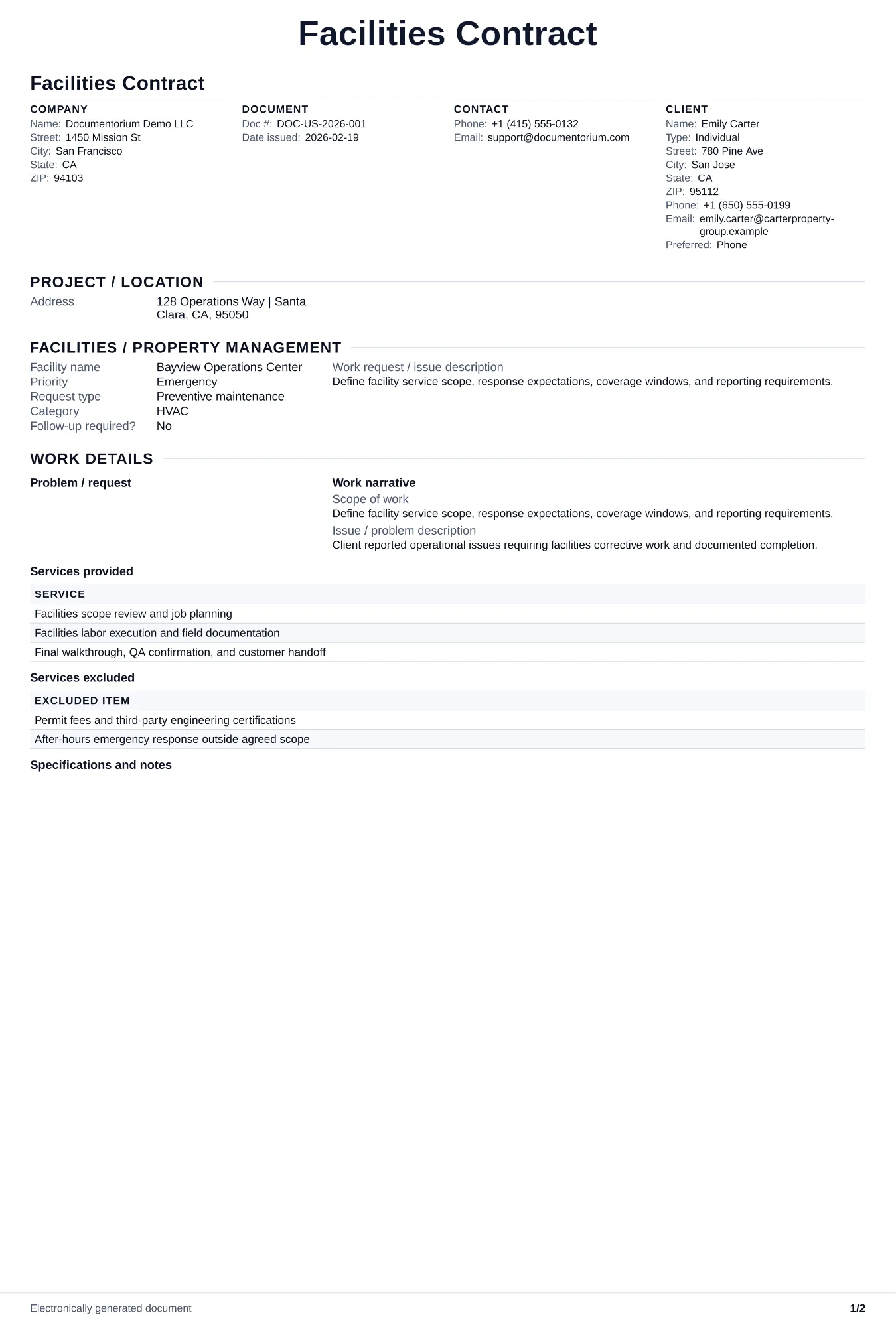 Preview of Facilities Contract