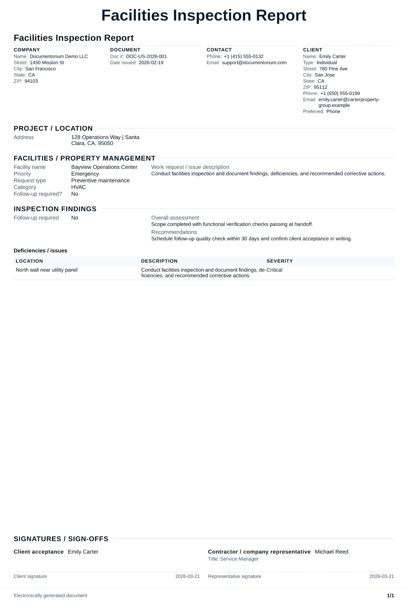 Preview of Facilities Inspection Report