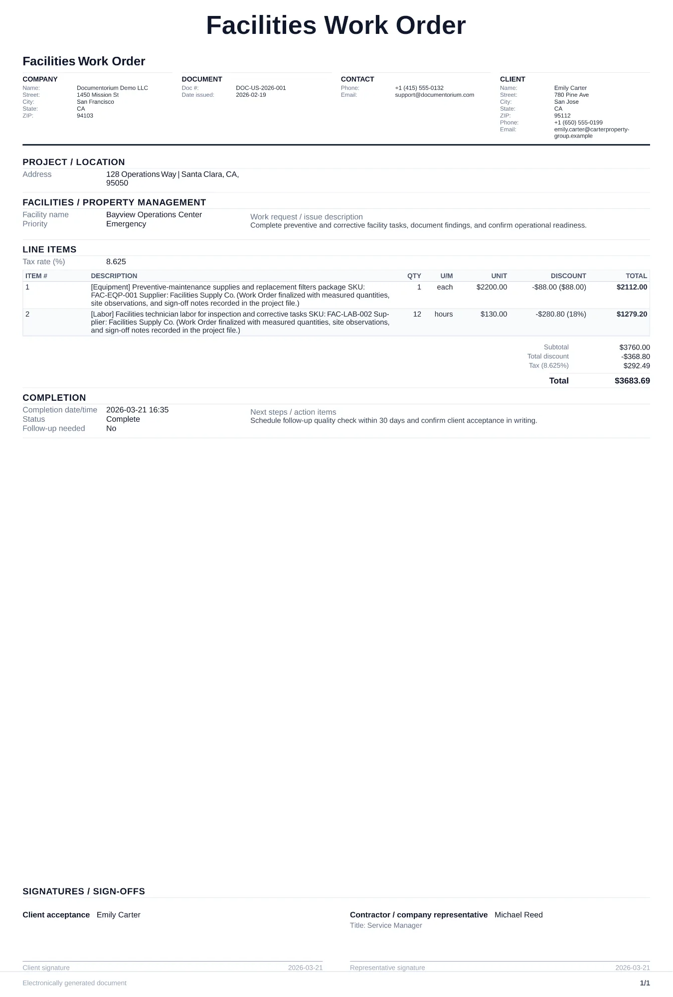 Facilities Work Order