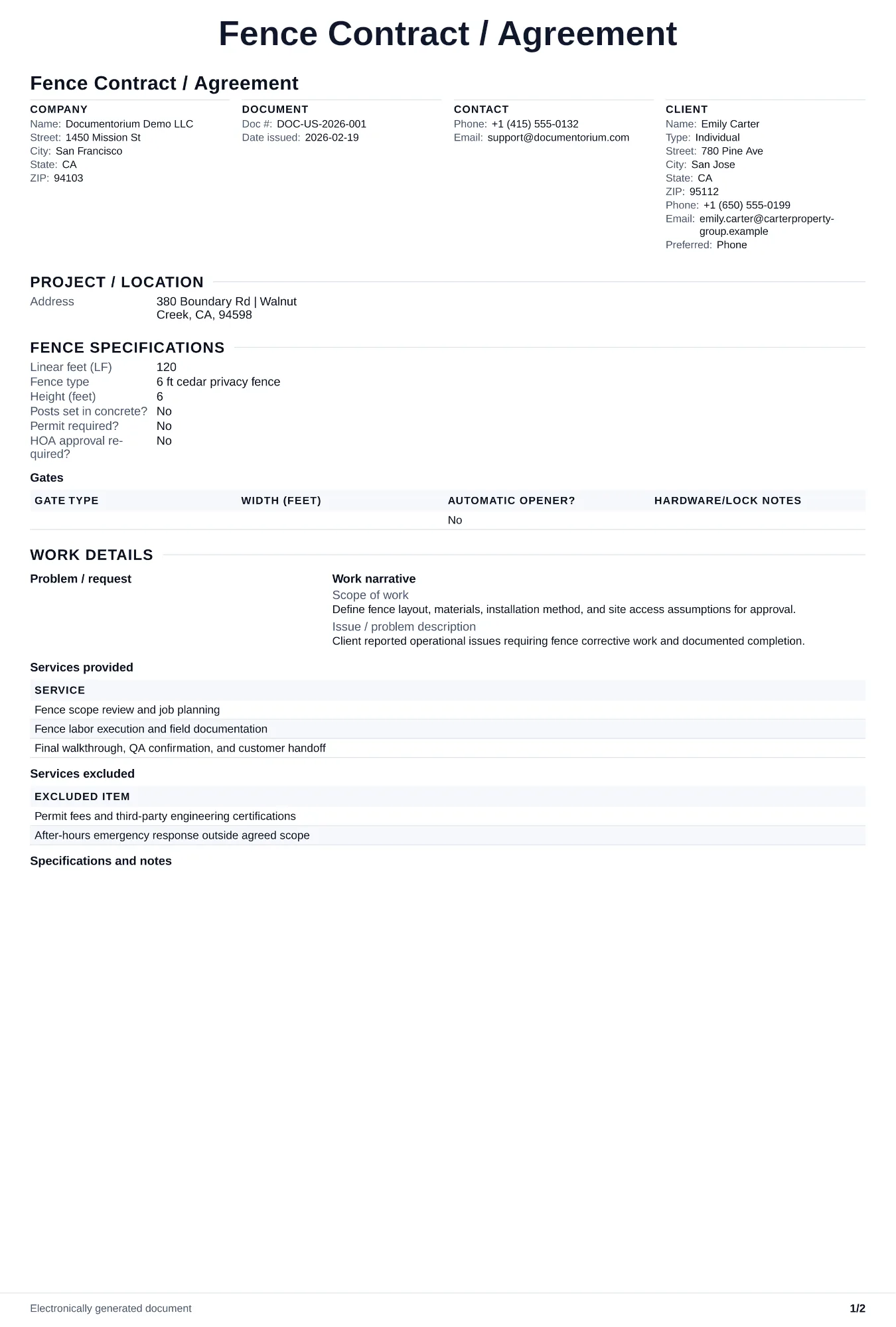Preview of Fence Contract / Agreement