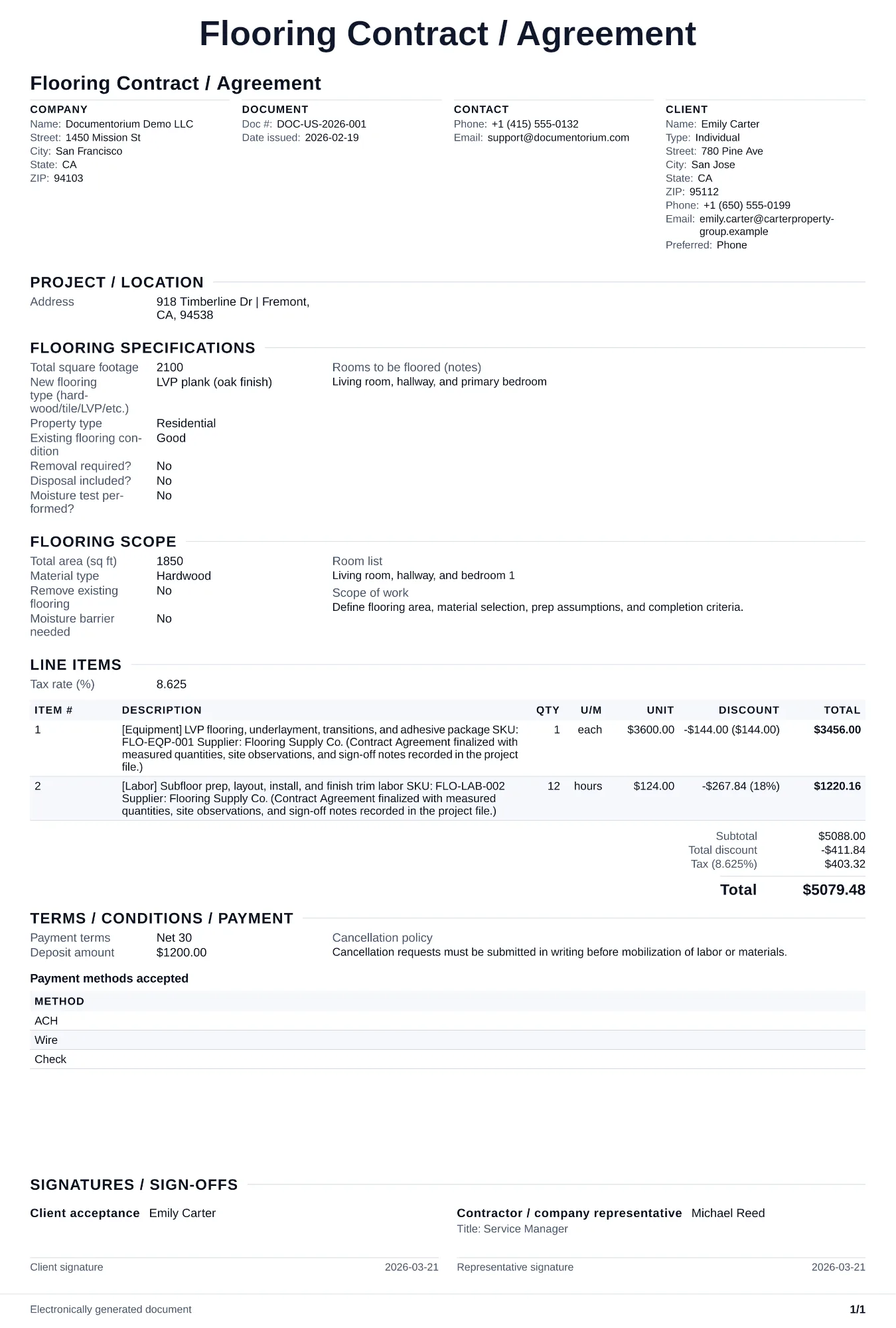 Preview of Flooring Contract / Agreement