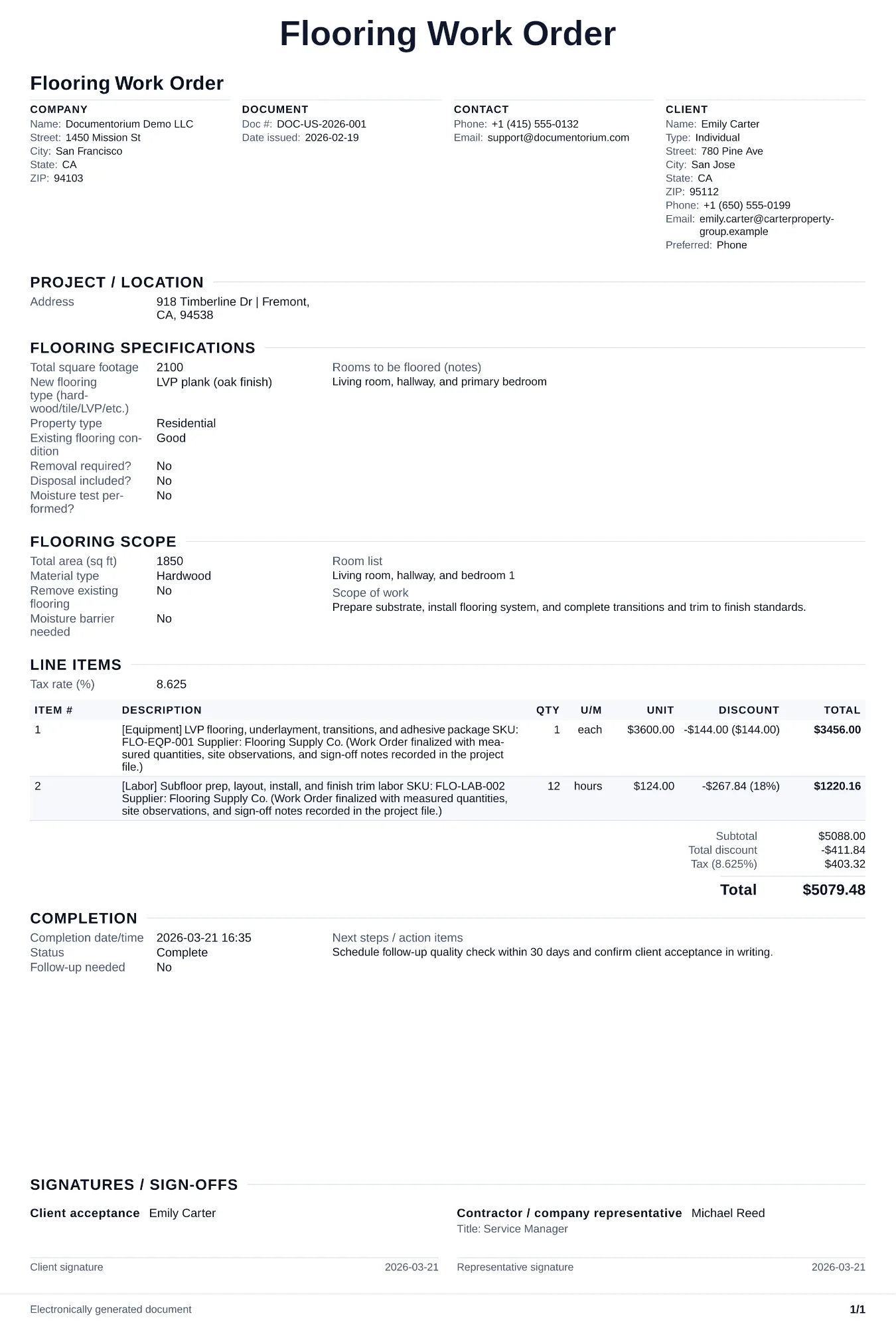 Preview of Flooring Work Order