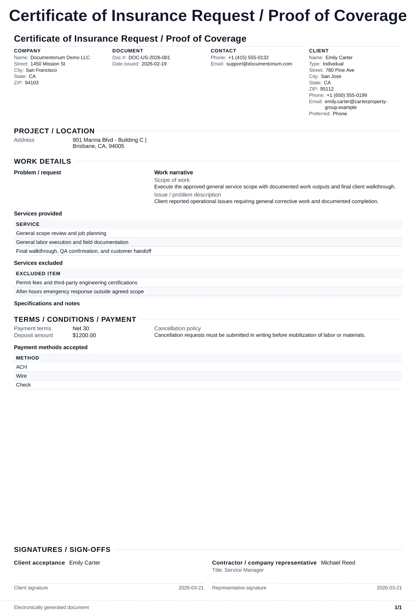 Preview of Certificate of Insurance Request / Proof of Coverage