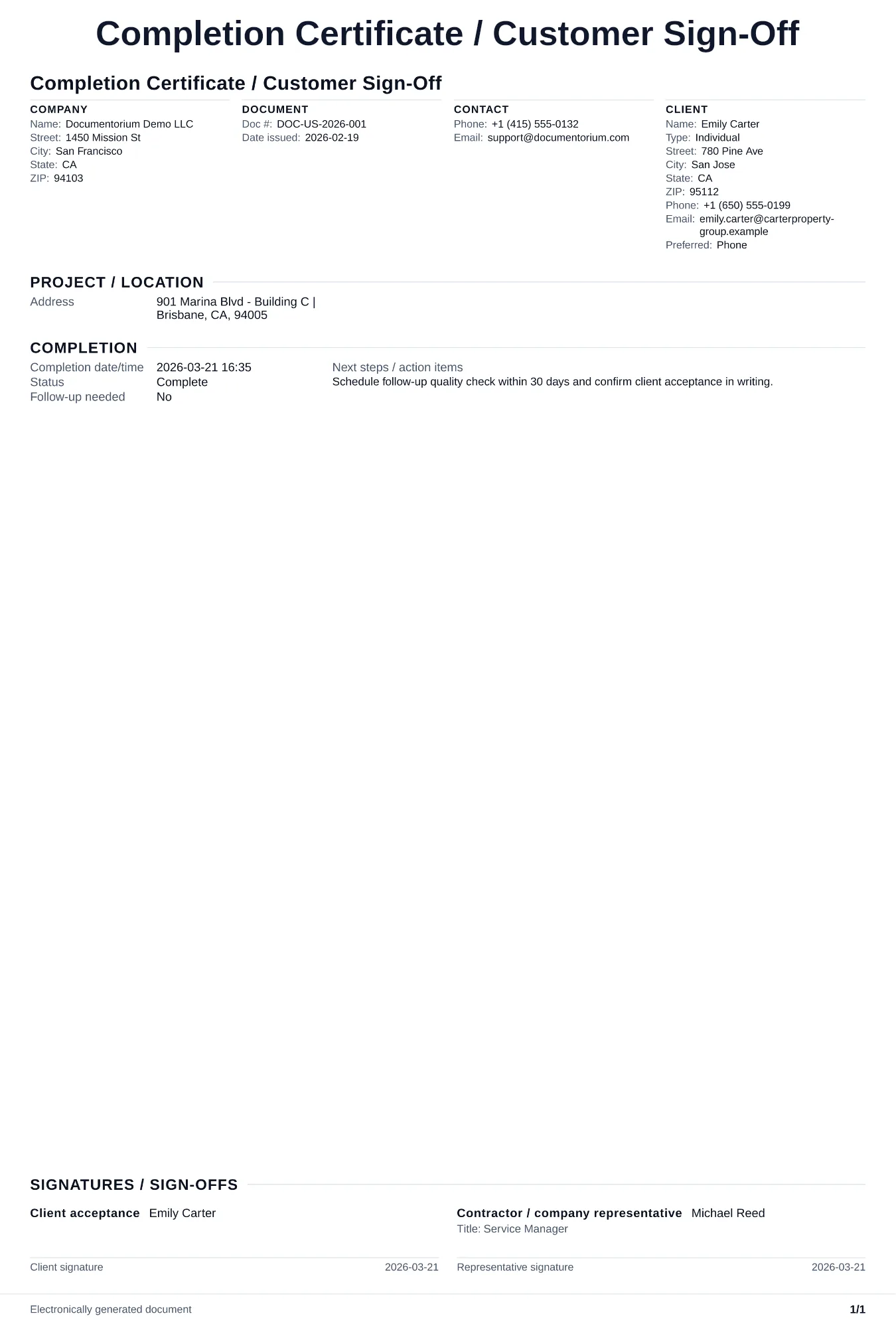 Preview of Completion Certificate / Customer Sign-Off