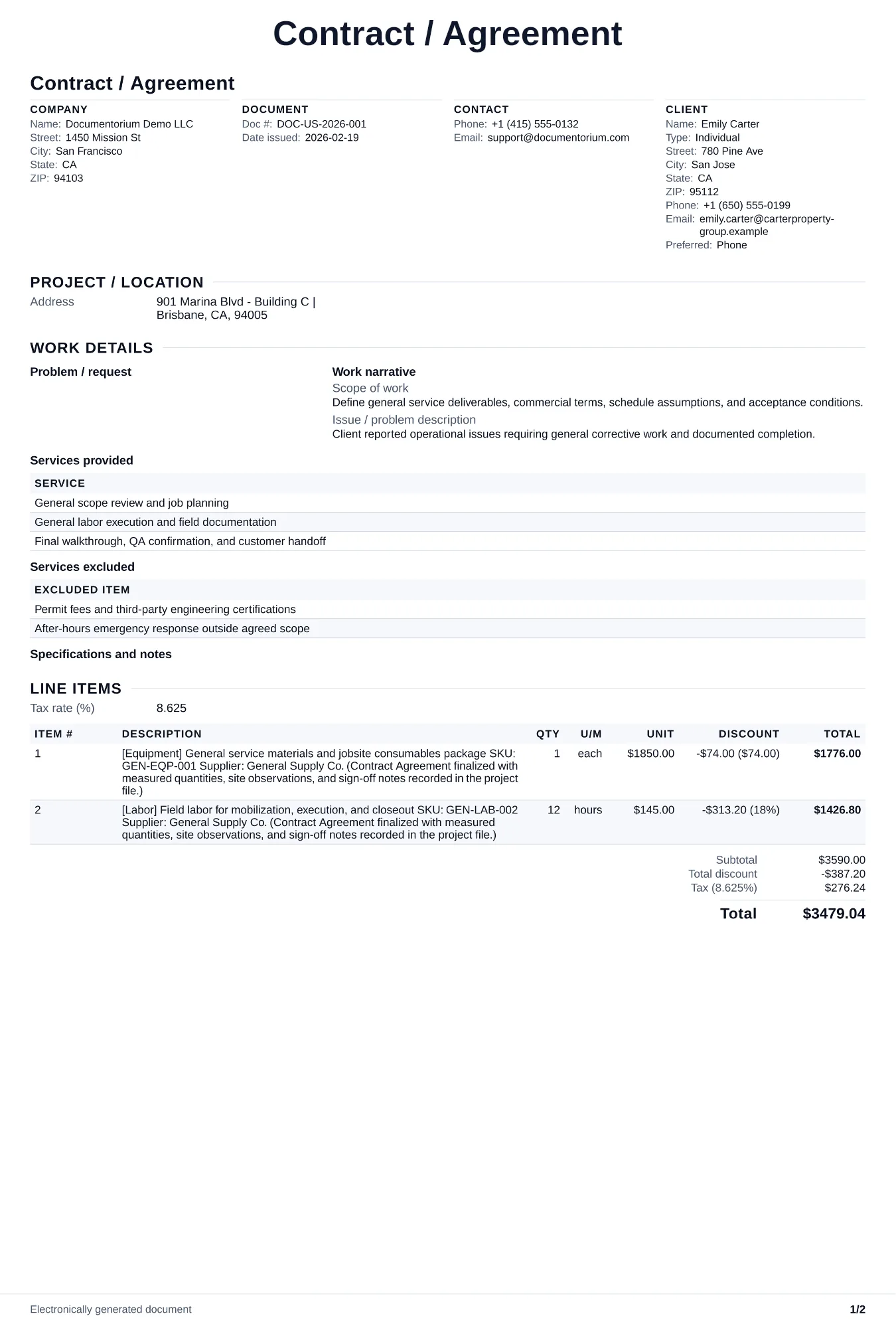 Preview of Contract / Agreement