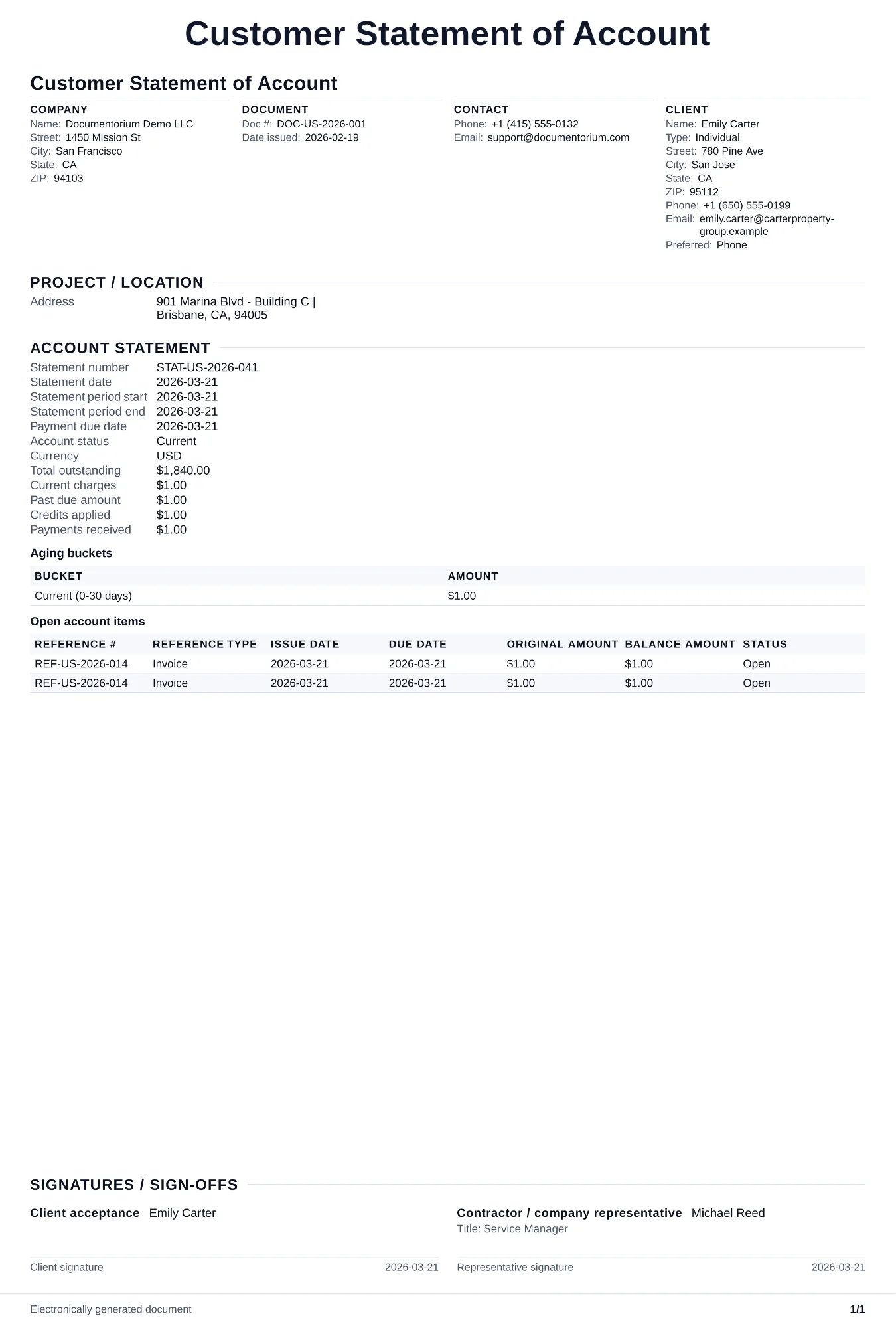 Preview of Customer Statement of Account