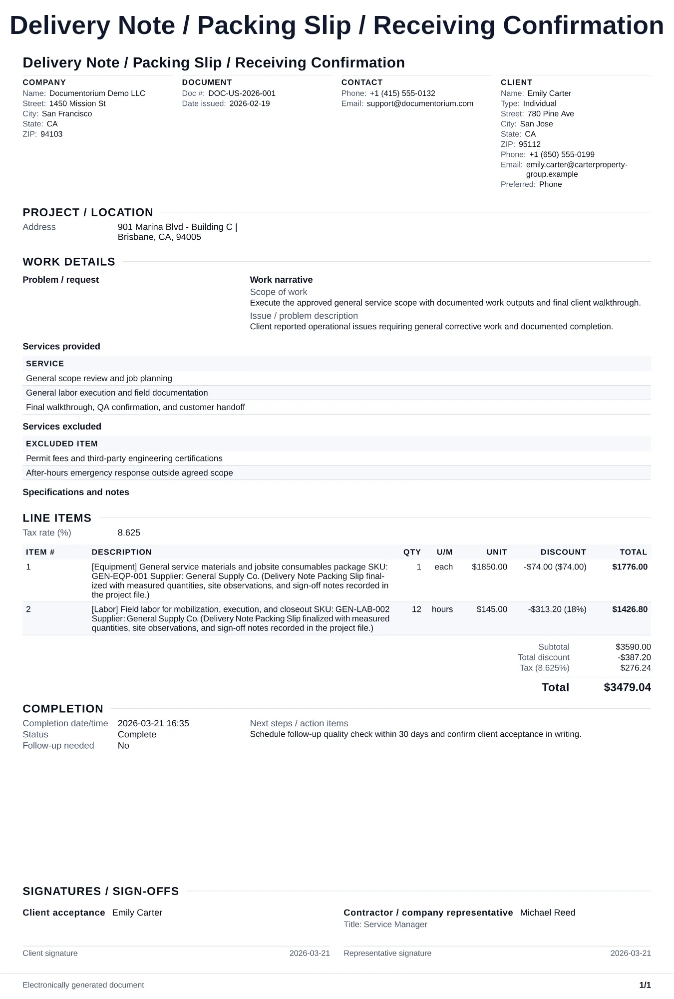 Preview of Delivery Note / Packing Slip / Receiving Confirmation