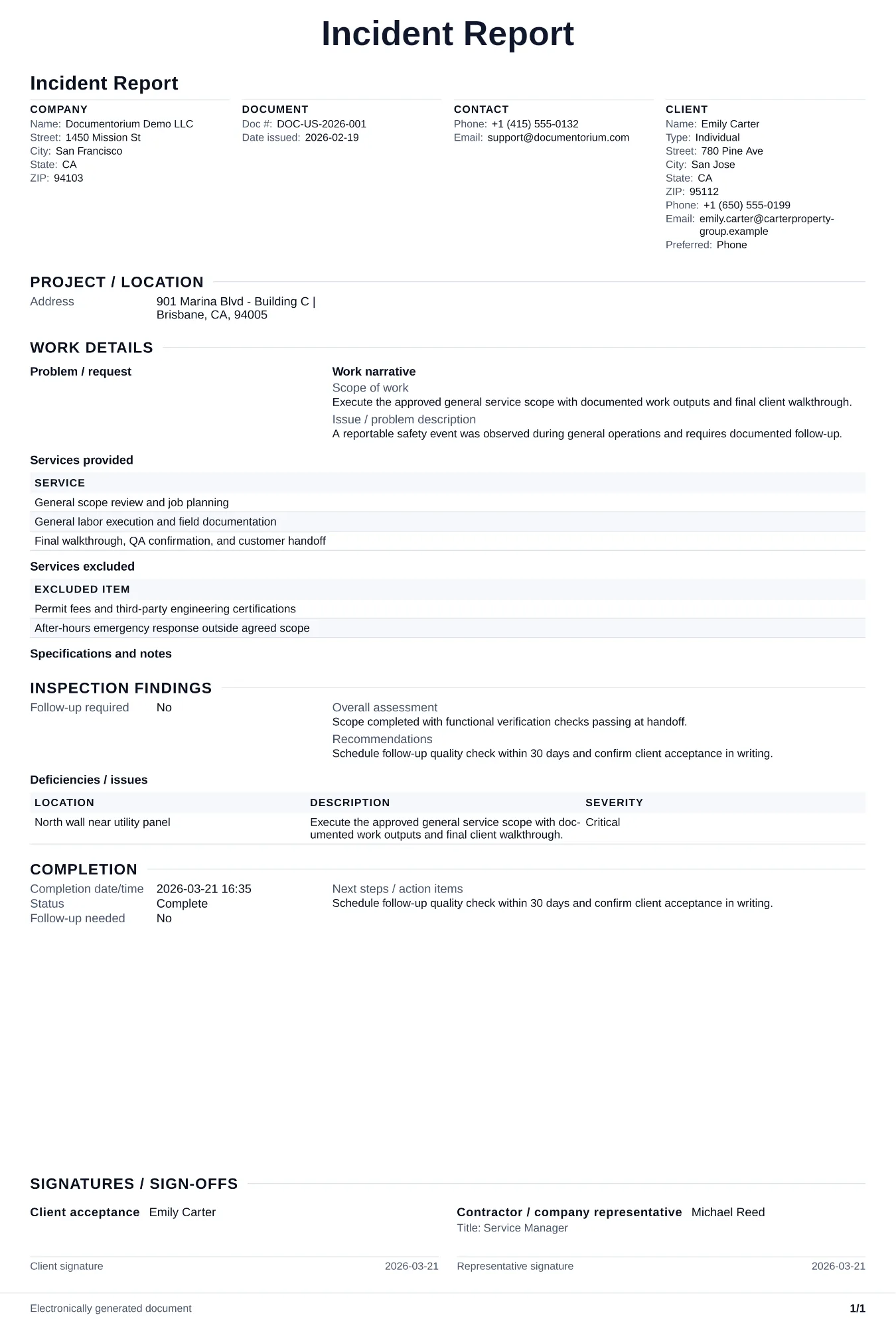 Preview of Incident Report