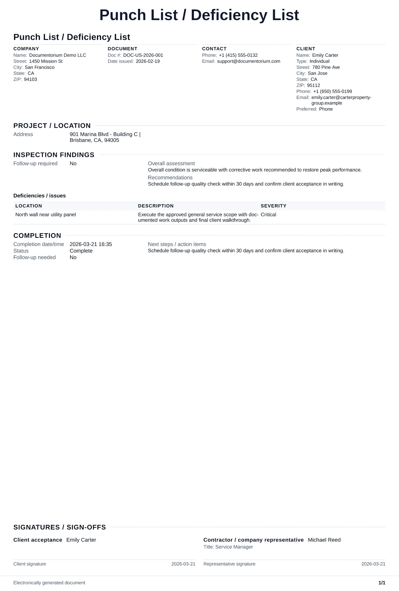 Preview of Punch List / Deficiency List