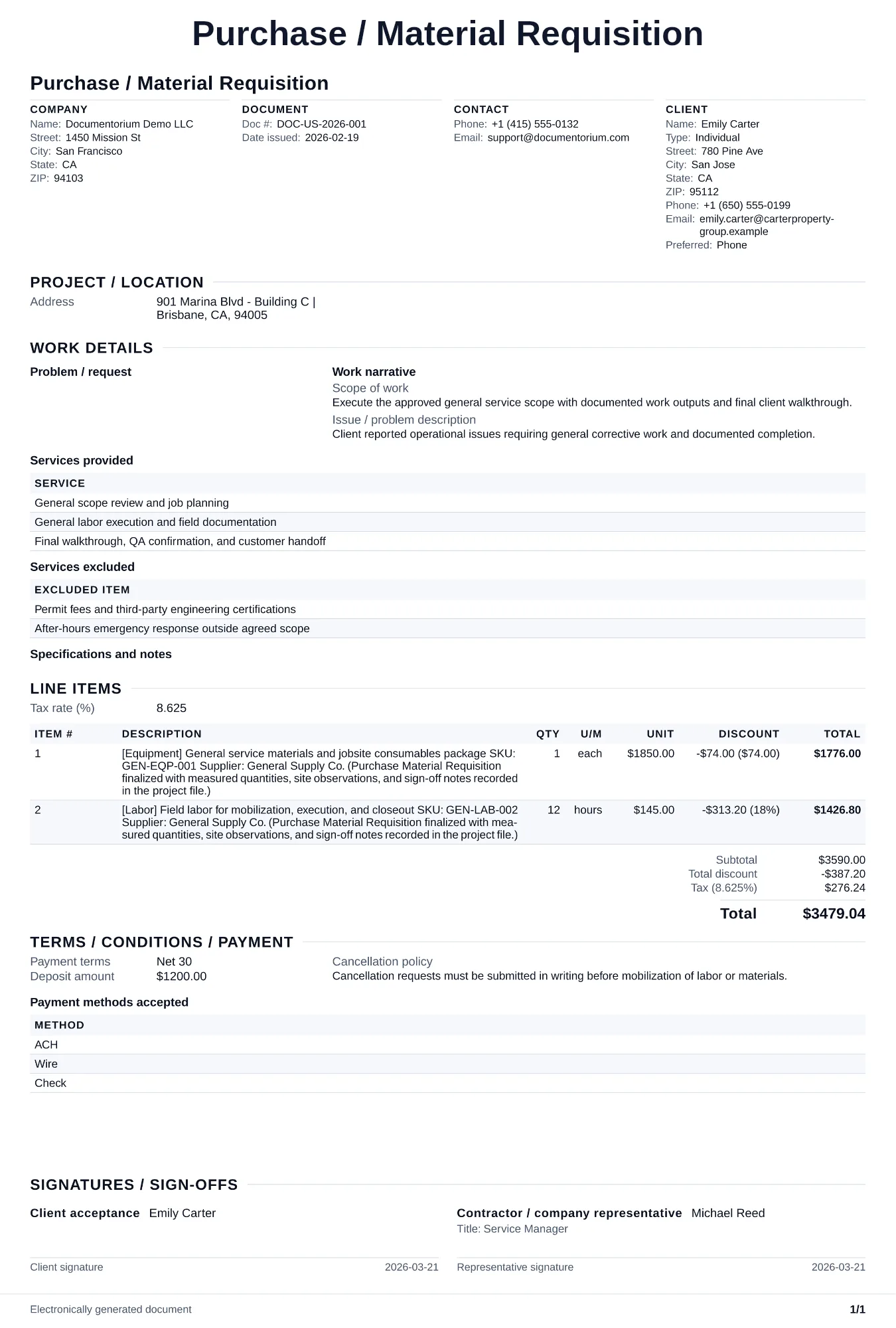 Preview of Purchase / Material Requisition