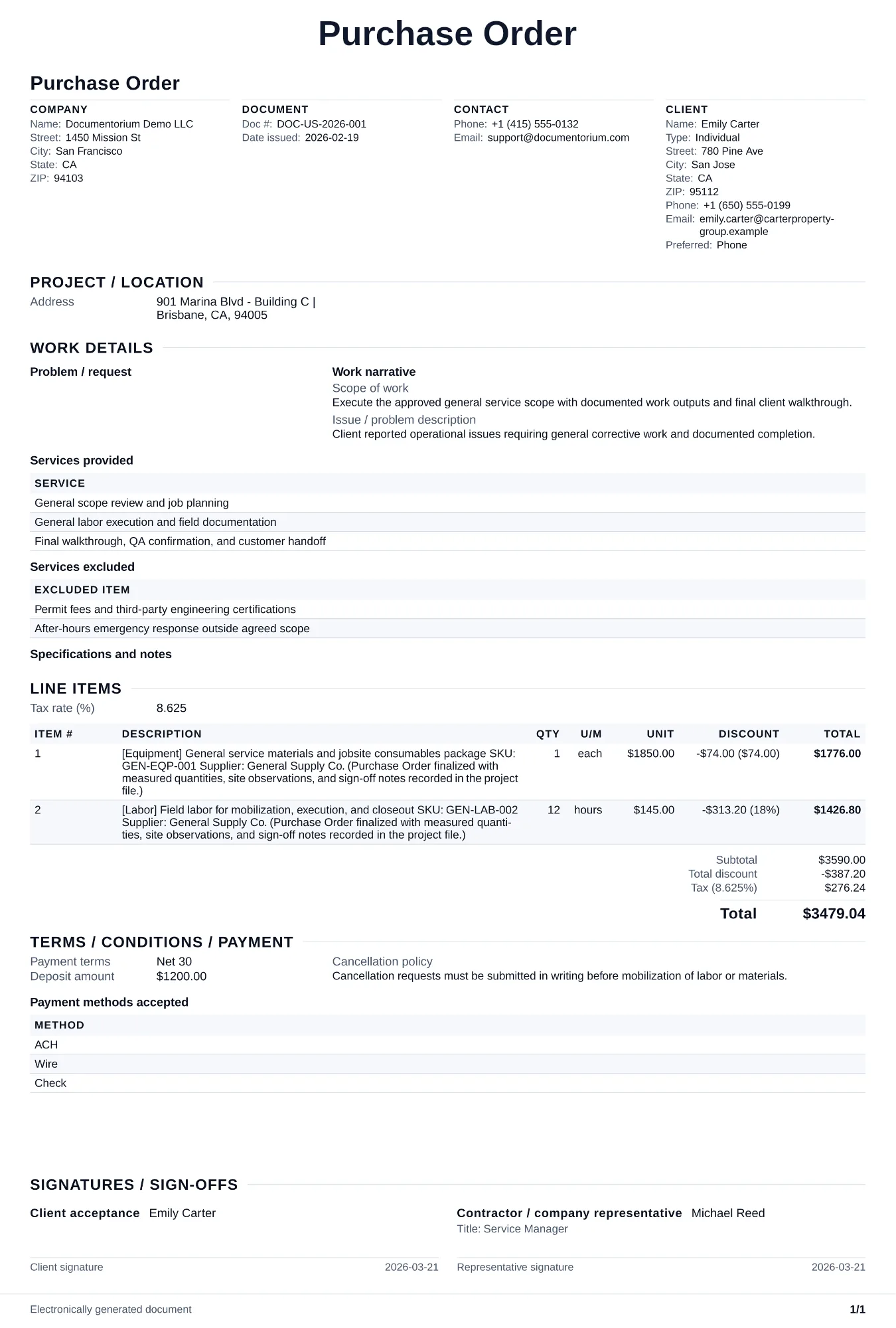 Preview of Purchase Order