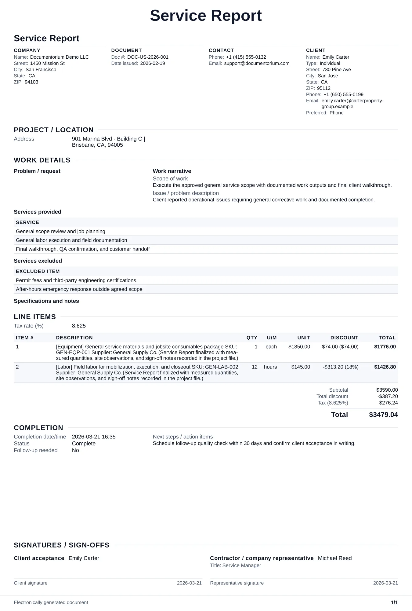 Preview of Service Report