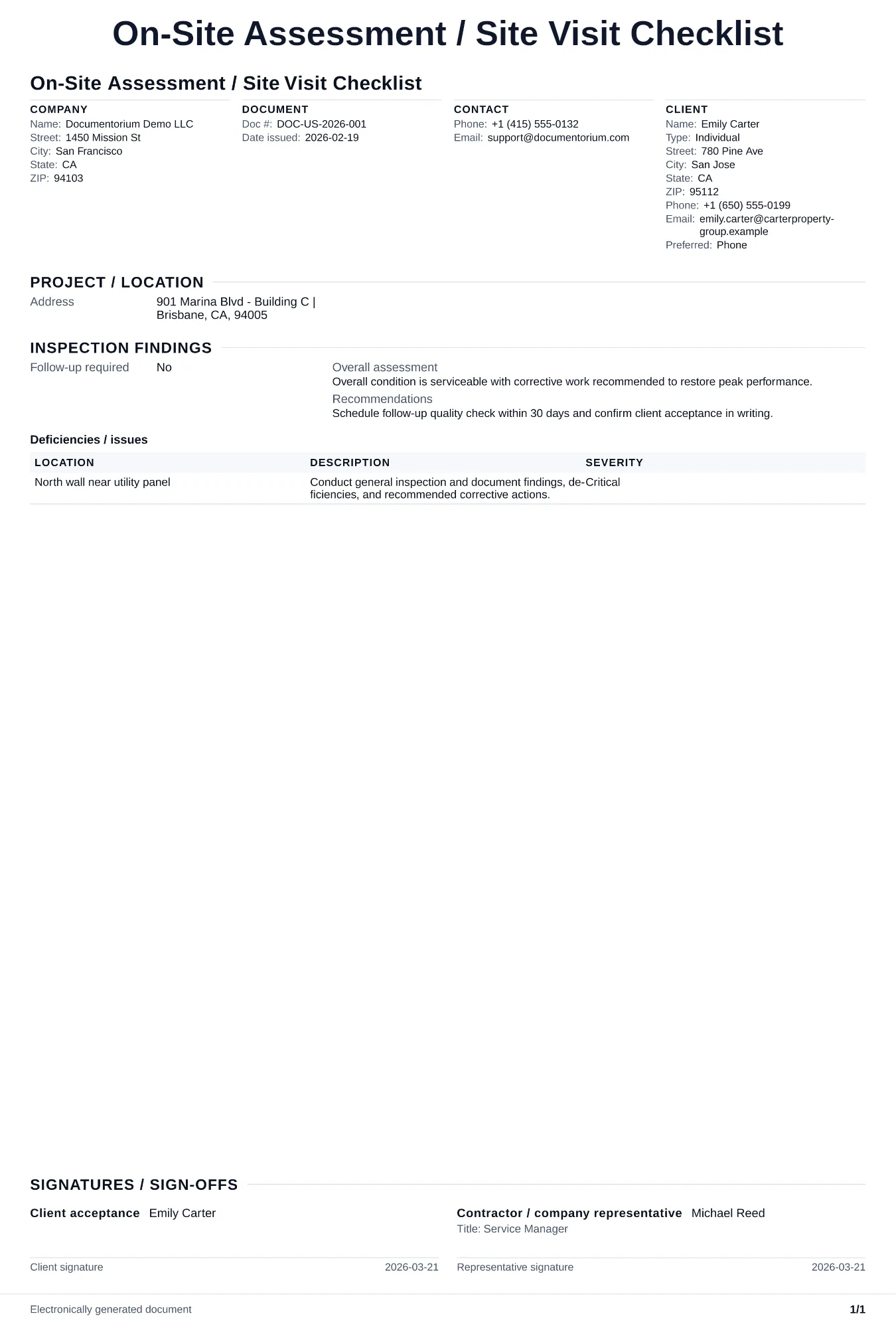 Preview of On-Site Assessment / Site Visit Checklist