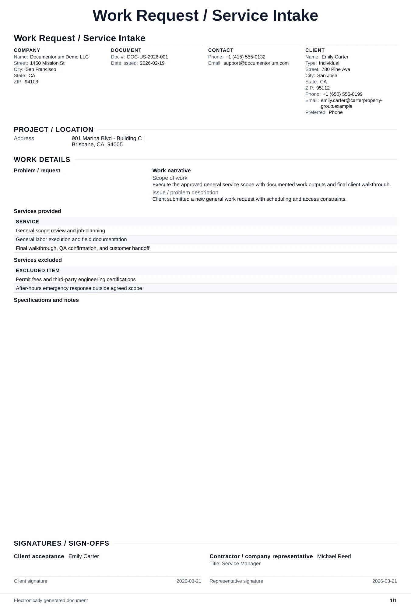Preview of Work Request / Service Intake