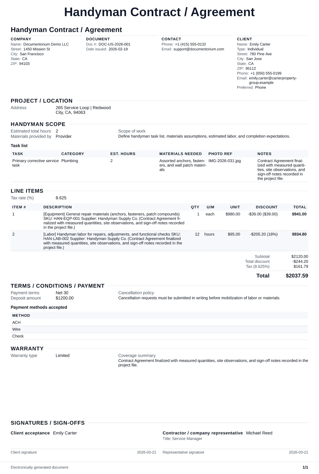 Preview of Handyman Contract / Agreement