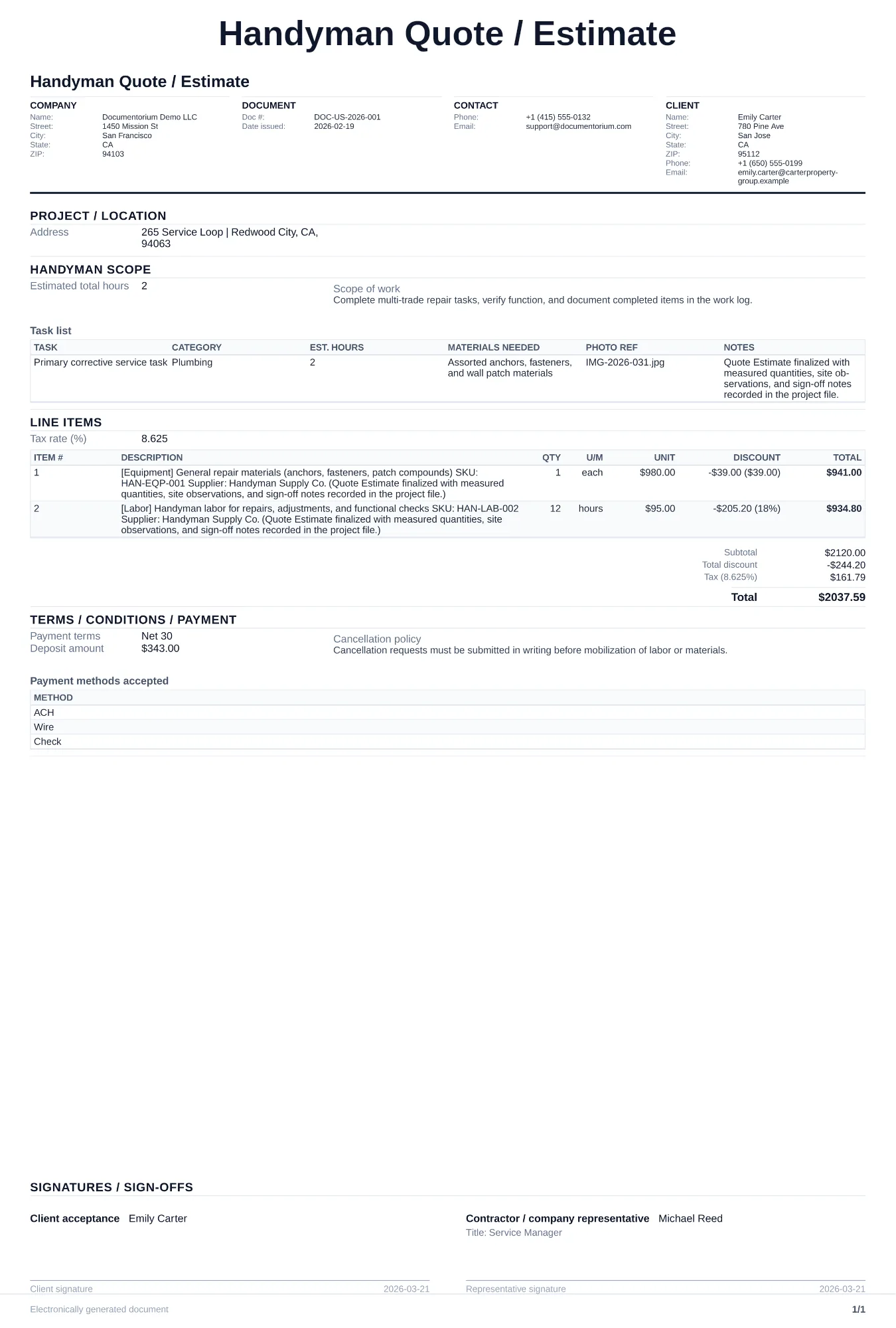 Handyman Quote / Estimate