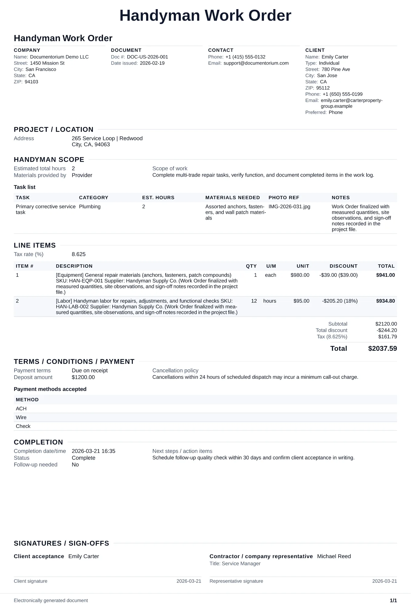Preview of Handyman Work Order