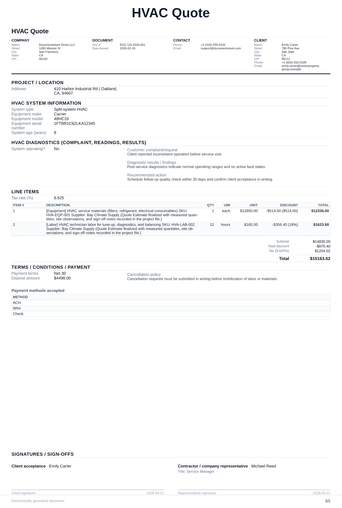 HVAC Quote / Estimate
