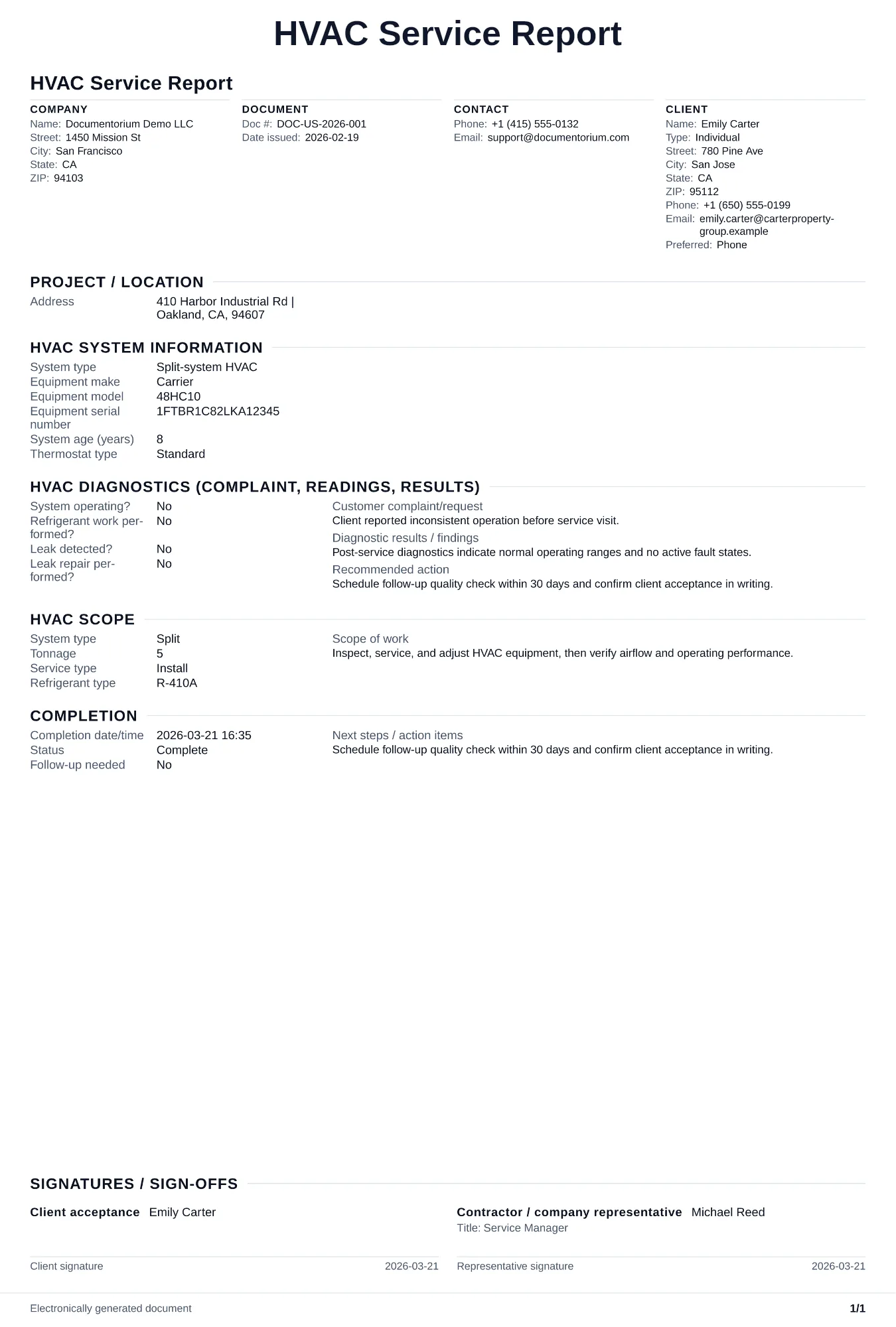 Preview of HVAC Service Report