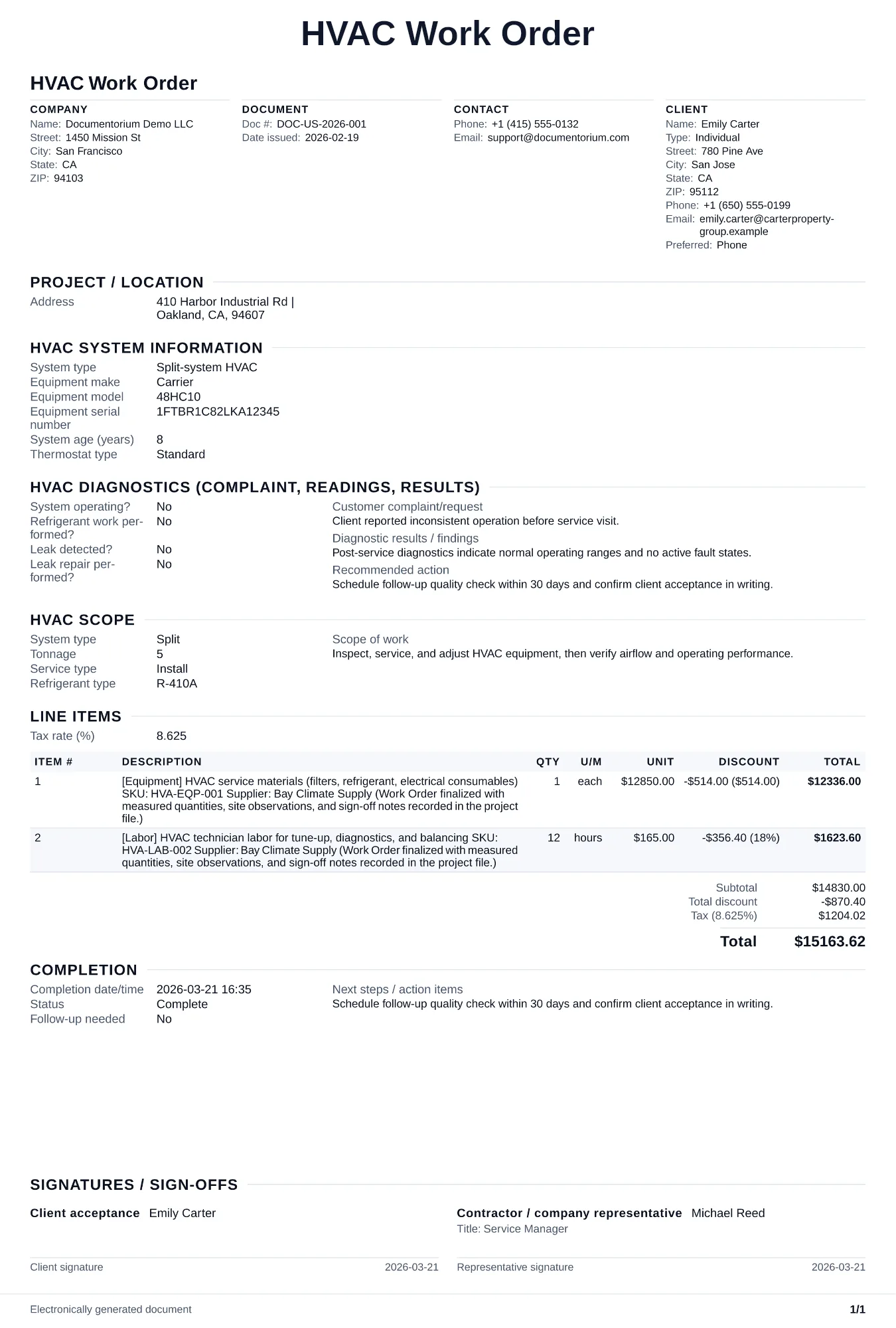 Preview of HVAC Work Order