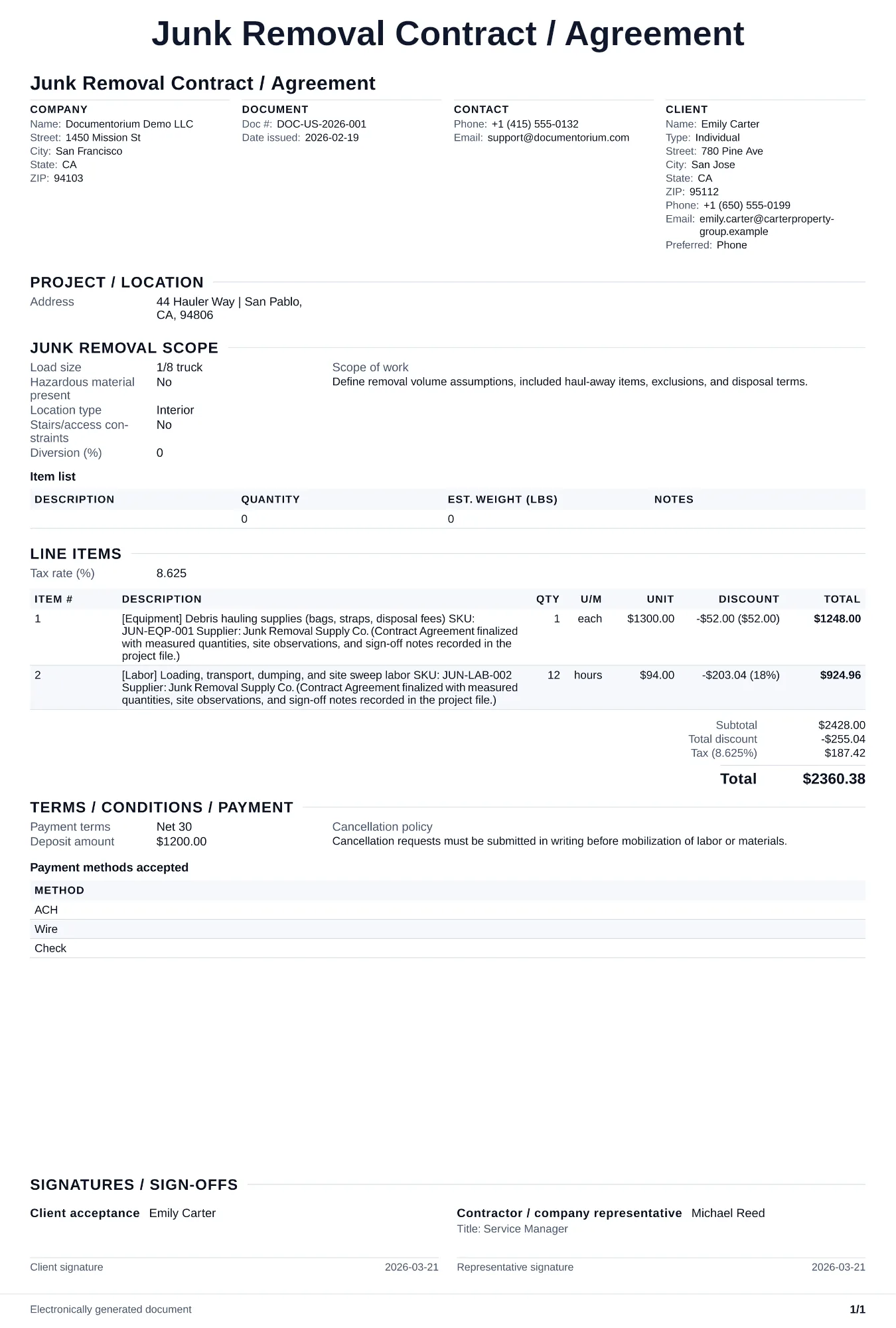 Preview of Junk Removal Contract / Agreement