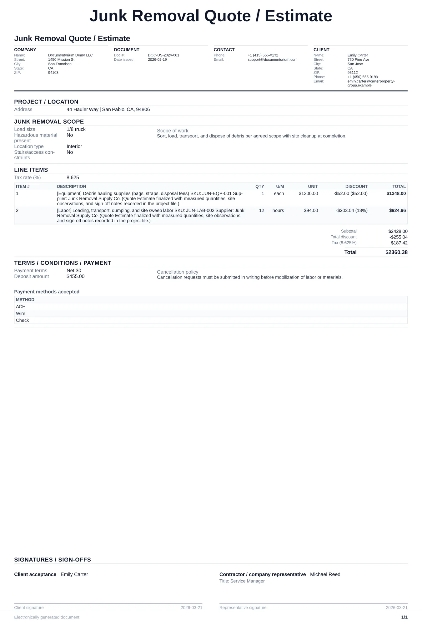 Junk Removal Quote / Estimate