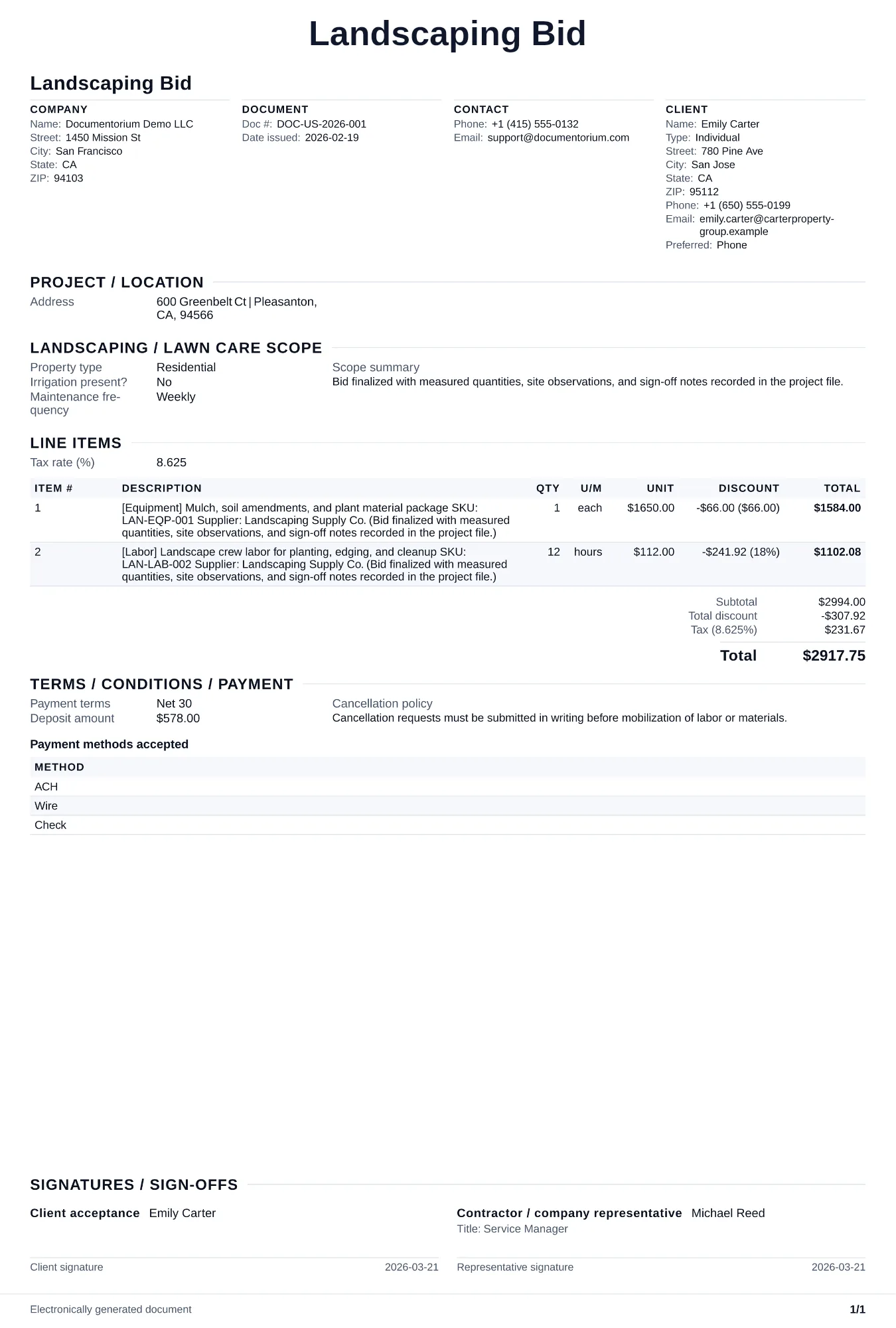 Preview of Landscaping Bid